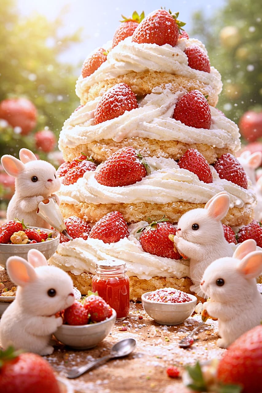 「手のひらサイズのうさぎたちが巨大ショートケーキ作りに挑戦中!いちごもクリームもスケール規格外、見上げるほど甘くて楽しい世界が広がる一枚🍓」Palm-sized bunnies collaborate around a towering strawberry shortcake, adding cream and strawberries larger than their heads, viewed from a low angle at bunny eye level with tiny utensils scattered below. 手のひらサイズのうさぎたちが、頭より大きないちごとクリームで巨大なショートケーキを作っている様子。足元には小さな道具が散らばり、うさぎ目線のローアングルで描かれている