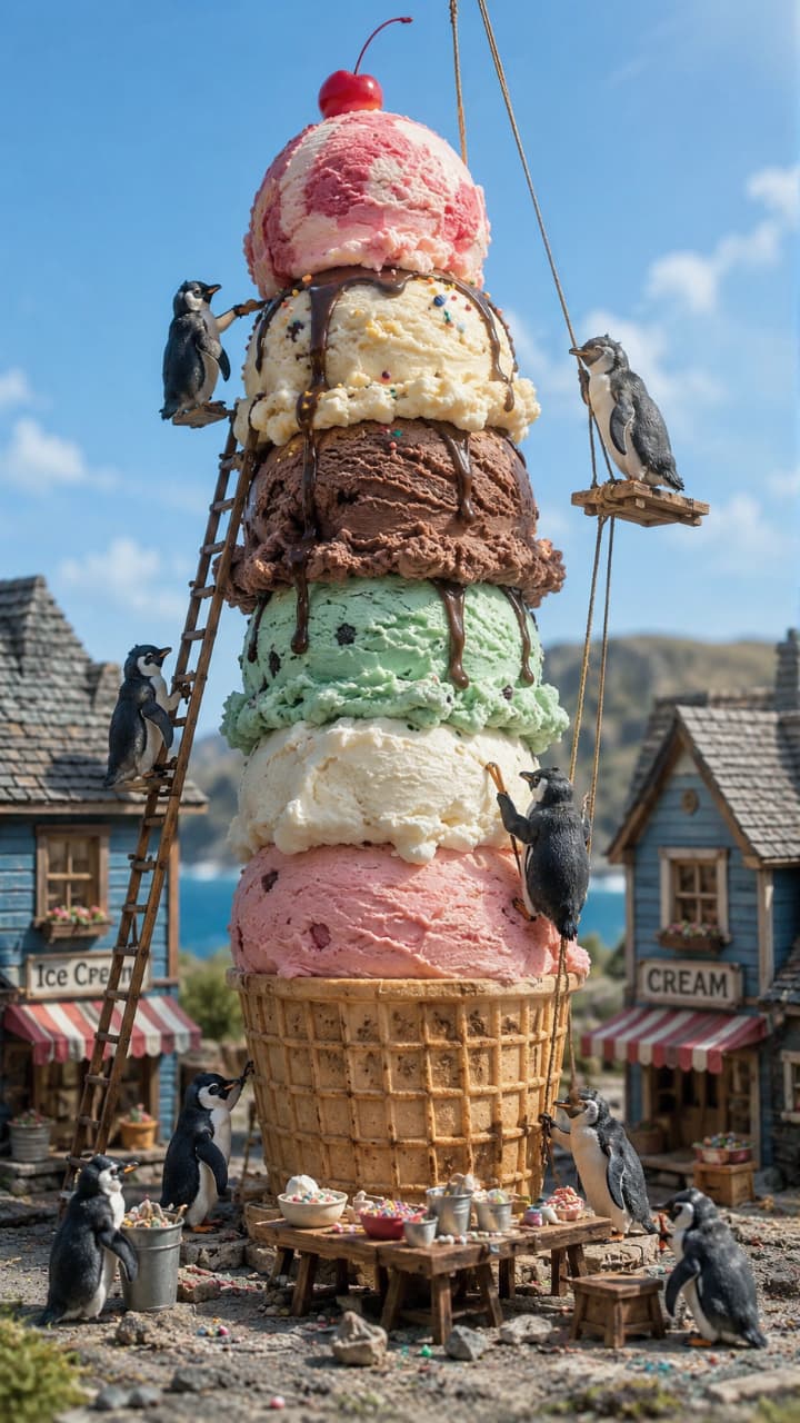 「ペンギンさんたちのチームワークで巨大アイスが完成間近！？🐧🍦暑い日にぴったりの壮大なプロジェクト✨ #ペンギン #アイスクリーム #ファンタジー」Ultra-realistic high-quality photograph of small penguins using ladders and ropes to build a giant, multi-layered ice cream tower under a clear blue sky, surrounded by cute miniature wooden houses in a fantasy landscape. 青空の下、小さなペンギンたちが梯子やロープを使って、何段にも重なった巨大なアイスクリームタワーを建設しているファンタジーな情景。周囲には可愛らしい木造のミニチュアハウスが並ぶ、超高画質な写真です