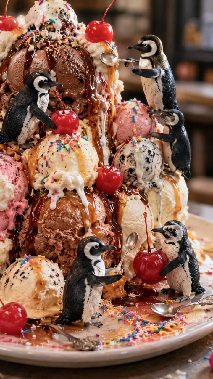 「甘〜いアイスの山を大冒険！🐧🍨チェリーを運ぶ姿が可愛すぎて、ずっと見ていられますね🍒✨ #ペンギン #スイーツテロ #デザート」Ultra-realistic high-quality photograph of small penguins with spoons and cherries gathering around a giant ice cream mountain covered in chocolate, caramel sauce, and sprinkles, featuring mouth-watering textures and dynamic lighting. チョコレートやキャラメルソース、カラースプレーがたっぷりとかかった巨大なアイスクリームの山に、小さなペンギンたちがスプーンやチェリーを持って群がっている情景。シズル感と照りが美しい超高画質な写真で
