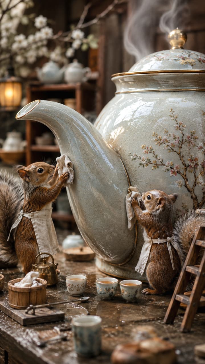 「エプロン姿のリスさんたち、今日もお仕事お疲れ様です🐿️☕️ほっこり癒やされる工房の日常風景✨ #リス #ミニチュア #ティータイム」Ultra-realistic high-quality photograph of two adorable squirrels wearing white aprons cleaning a giant floral ceramic pot with cloths, set in a warm, nostalgic workshop with rising steam, tea sets, and soft natural light. 白いエプロンを身につけた2匹の愛らしいリスが、巨大な花柄の陶器製ポットを布で磨いている情景。背景には湯気や茶器が並び、柔らかな自然光が差し込むノスタルジックで温かみのある超高画質な写真です