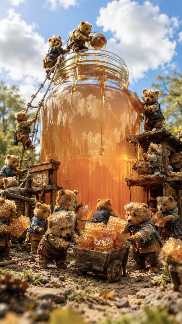「とろ〜り黄金色のハチミツがいっぱい！🍯🐻 小さなクマさんたちが一生懸命集めた甘いご褒美です✨ #ハチミツ #テディベア #ミニチュア」Ultra-realistic high-quality photograph of tiny, fuzzy bears resembling vintage teddy bears, harvesting thick, golden honey from a giant, glowing glass jar under a sunny sky. The bears are wearing tiny denim vests and aprons, using wooden scaffolding and carts to transport honeycombs, creating a warm, magical, and highly textured scene. 太陽の光が透けて黄金色に輝く巨大なハチミツの瓶の周りで、ヴィンテージのテディベアのようなモフモフとした質感を持つ小さなクマたちが、ハチミツを採取している情景。デニムのベストやエプロンを着たクマたちが、木の足場を組んでとろけるハチミツをすくったり、六角形の巣板を荷車で運んだりする様子が、ファンタジックかつ超リアルに描かれています