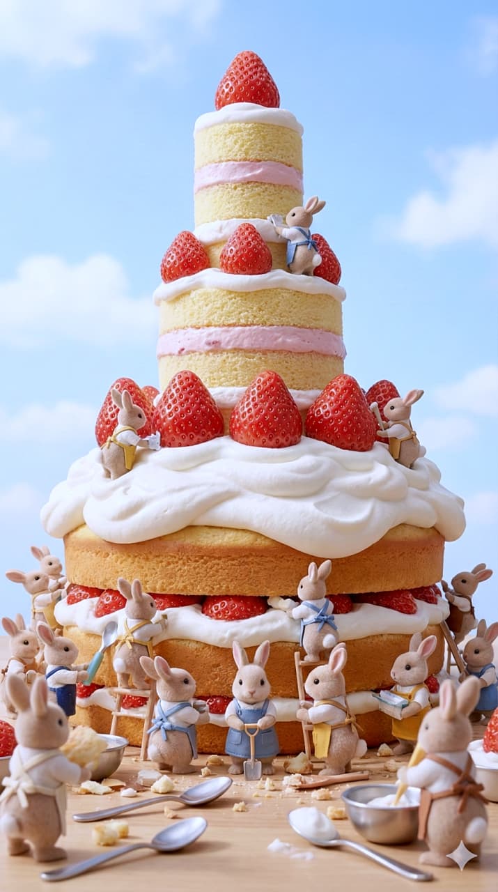 「みんなで力を合わせて、夢の巨大ケーキ作り!イチゴもクリームも特大サイズ♡」A detailed miniature photograph from a low angle showing dozens of small bunnies actively building a massive, multi-tiered strawberry shortcake. Some bunnies are on ladders frosting the cake, while others carry giant strawberries or stir cream in bowls at the base. 小さなウサギの人形たちが協力して、自分たちよりも巨大な多層のイチゴショートケーキを作っているミニチュア写真。ローアングルからの視点で、梯子に乗ってクリームを塗ったり、大きなイチゴを運んだり、スプーンで作業する様子が写っている