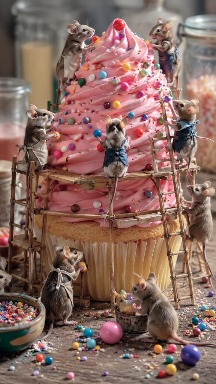 「小さなパティシエたちが大活躍🧑‍🍳🧁✨ みんなで協力して、とびきり甘いケーキの完成まであと少し！🐭💖 #ミニチュアの世界 #ファンタジー」Ultra-realistic high-quality fantasy photograph of several tiny mice wearing denim overalls and aprons, using miniature wooden ladders and scaffolding to decorate a giant pink frosted cupcake with colorful sprinkles on a wooden table, illuminated by warm light. 木のテーブルの上で、デニムのオーバーオールやエプロンを着た複数の小さなネズミたちが、木製のハシゴや足場を使って巨大なピンクのカップケーキにカラフルなスプリンクルを飾り付けている、ファンタジックで超高画質な写真。精巧なミニチュアの世界観と、一生懸命に働く小さな姿が温かな光に照らされています
