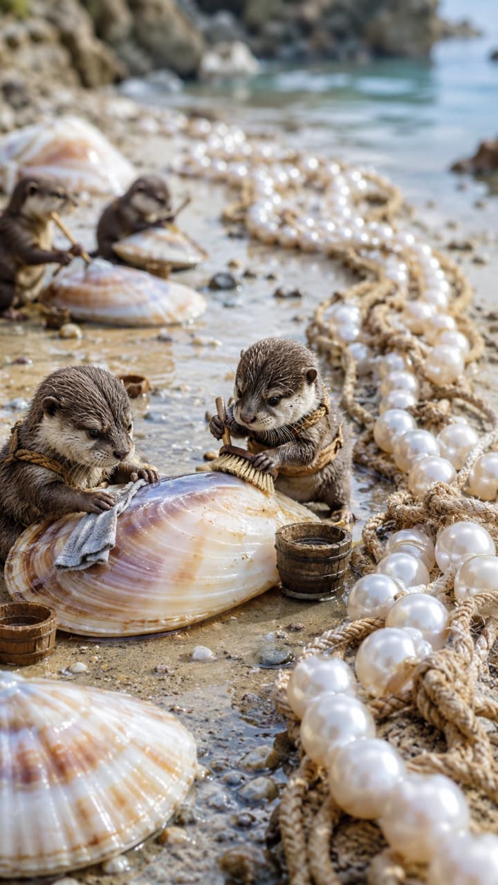 「海からの贈り物をピカピカに磨くシェル🐚✨僕たち特製のプレミアム真珠ネックレス、いかがですか？🐾」An ultra-realistic high-quality photograph of tiny Asian small-clawed otters working as craftsmen on a sandy beach. In the foreground, two detailed otters use a tiny brush and cloth to polish a giant iridescent seashell. Strands of large, lustrous white pearls on rustic ropes lay scattered around the shoreline under soft daylight. 美しい砂浜の波打ち際で、巨大な二枚貝を一生懸命にお手入れしている小さなコツメカワウソたちの超リアルな写真。手前の2匹のカワウソは、小さなブラシと布を使って貝殻の表面を丁寧に磨き上げています。周囲の砂地には、光沢のある美しい巨大な白い真珠のネックレスが何重にも並べられており、背景には穏やかな海と岩場が広がる、緻密でファンタジックな職人風の世界観が描かれています