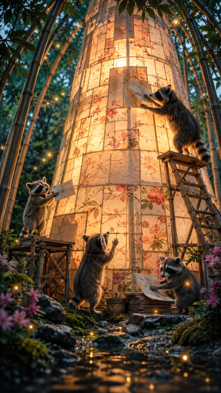 「夜の竹林でトントンカンカン！🐾みんなの心を優しく照らす、特大の灯籠をまごころ込めて修復中だよ明かり✨」An ultra-realistic high-quality photograph with a vertical layout, depicting tiny raccoons working together to repair a massive, glowing traditional Japanese bamboo lantern at night. The raccoons are on wooden scaffolding, applying floral-patterned paper sheets to the warm, illuminated structure. Magical fireflies swirl around the serene forest stream. 幻想的な夜の竹林の中で、温かいオレンジ色の光を放つ巨大な和風の灯籠（花柄が描かれた障子風の和紙）の周りで働く、4匹の小さなアライグマたちの超リアルな縦位置写真。木製の足場やハシゴに登ったアライグマたちが、新しい和紙の破片を一生懸命に貼り付けており、地上では書類を確認する姿が見られます。周囲には美しい蛍のような光の粒が舞い、川面に灯籠の光が美しく反射しています