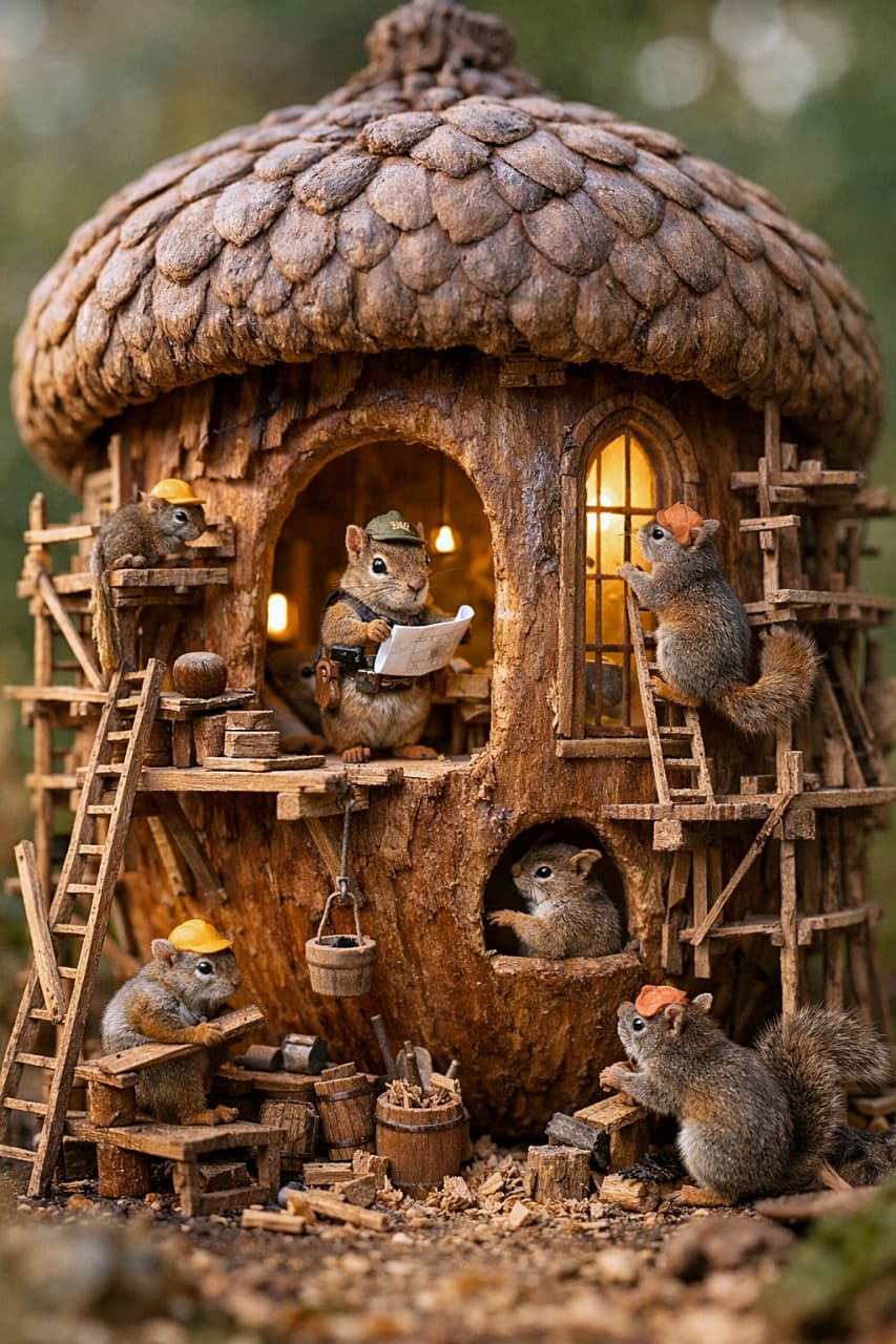 「どんぐりの中で今日も建築ラッシュ！ちいさな職人たちの夢のおうち🌰🏠✨」Hyperrealistic macro diorama of squirrel-sized builders constructing a home inside a giant acorn, with wooden scaffolds, ladders, and warm natural light illuminating tiny windows. 巨大などんぐりの中に家を建てるリスサイズの小さな職人たち。木製の足場やはしごが組まれ、窓から自然光が差し込む超写実的なミニチュアジオラマ
