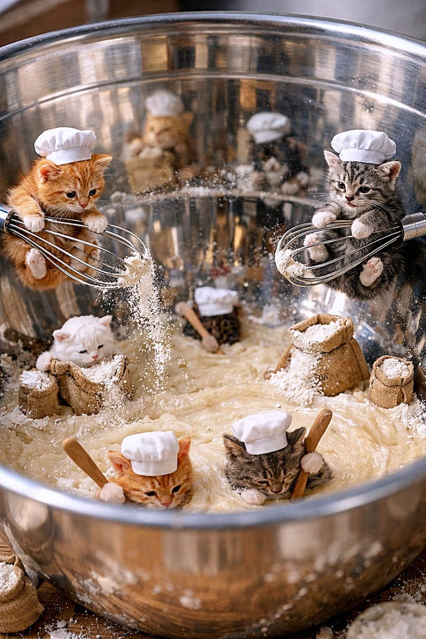 「ボウルの中は子猫シェフの大忙しキッチン🐱✨」Hyperrealistic miniature diorama of kitten-sized chefs inside a large metal mixing bowl, stirring batter, riding floating whisks, and pouring flour from tiny sacks, with reflections on the curved bowl walls in natural light. 大きな金属製のボウルの中で、子猫サイズのシェフたちが泡立て器に乗ったり、粉を注いだりしながら生地を混ぜている、超精密なミニチュア風ジオラマ