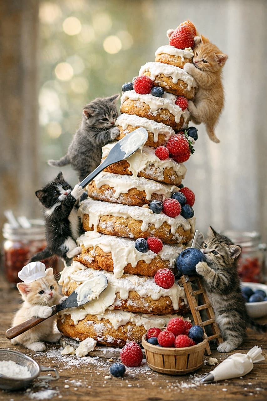「ちいさな子猫たちの甘い大冒険！クッキー建設現場🍪🐾」Tiny kittens stack oversized chocolate chip cookies like stone tablets, climbing icing ladders and pushing giant chips as crumbs scatter across a sunlit countertop in a hyperrealistic miniature diorama scene. 手のひらサイズの子猫たちが、石板のように大きなクッキーを積み上げ、アイシングのはしごを登り、巨大なチョコチップを押しながら、パンくずのようなかけらが広がるキッチンカウンターの上で作業しているミニチュア風の幻想的な光景