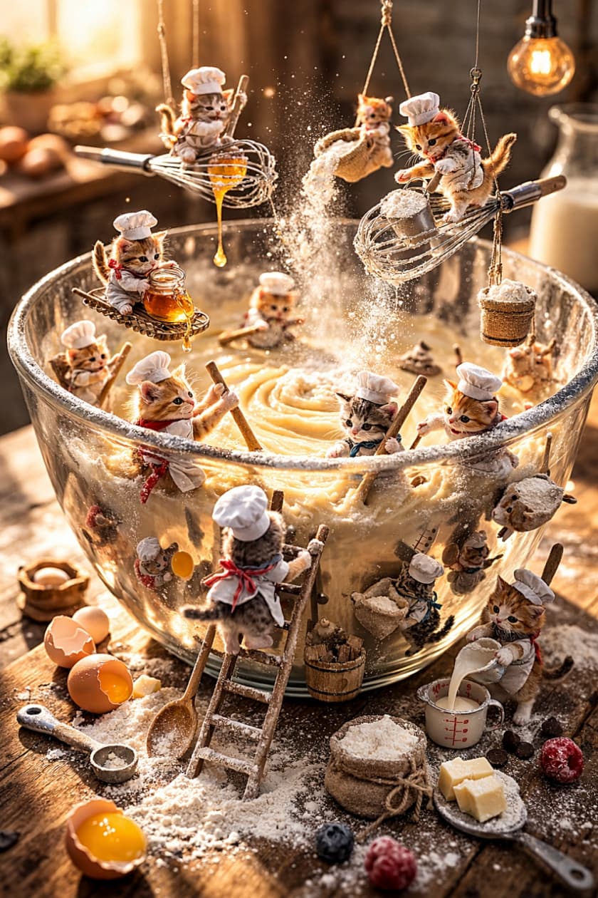「ちっちゃなシェフたちが大鍋で大奮闘！今日はにゃんこ特製スイーツの日🍰🐾」Tiny kitten chefs work together inside a giant glass mixing bowl, riding whisks, pouring flour, and stirring batter in a whimsical miniature diorama with warm natural light. 巨大なガラスのボウルの中で、子猫のシェフたちが泡立て器に乗ったり粉を入れたりしながら、お菓子作りをするミニチュア風の幻想的な光景