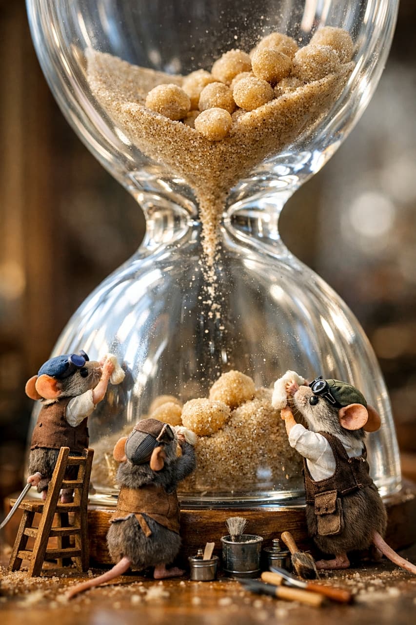 「ちっちゃな職人たちが、時間の塔をピカピカにお手入れ中！」Mouse-sized clockmakers carefully polishing a towering glass hourglass, where giant grains of sand slowly fall between the chambers in a whimsical miniature diorama. ネズミサイズの時計職人たちが、巨大な砂粒が流れ落ちる背の高い砂時計を丁寧に磨いているミニチュアジオラマ