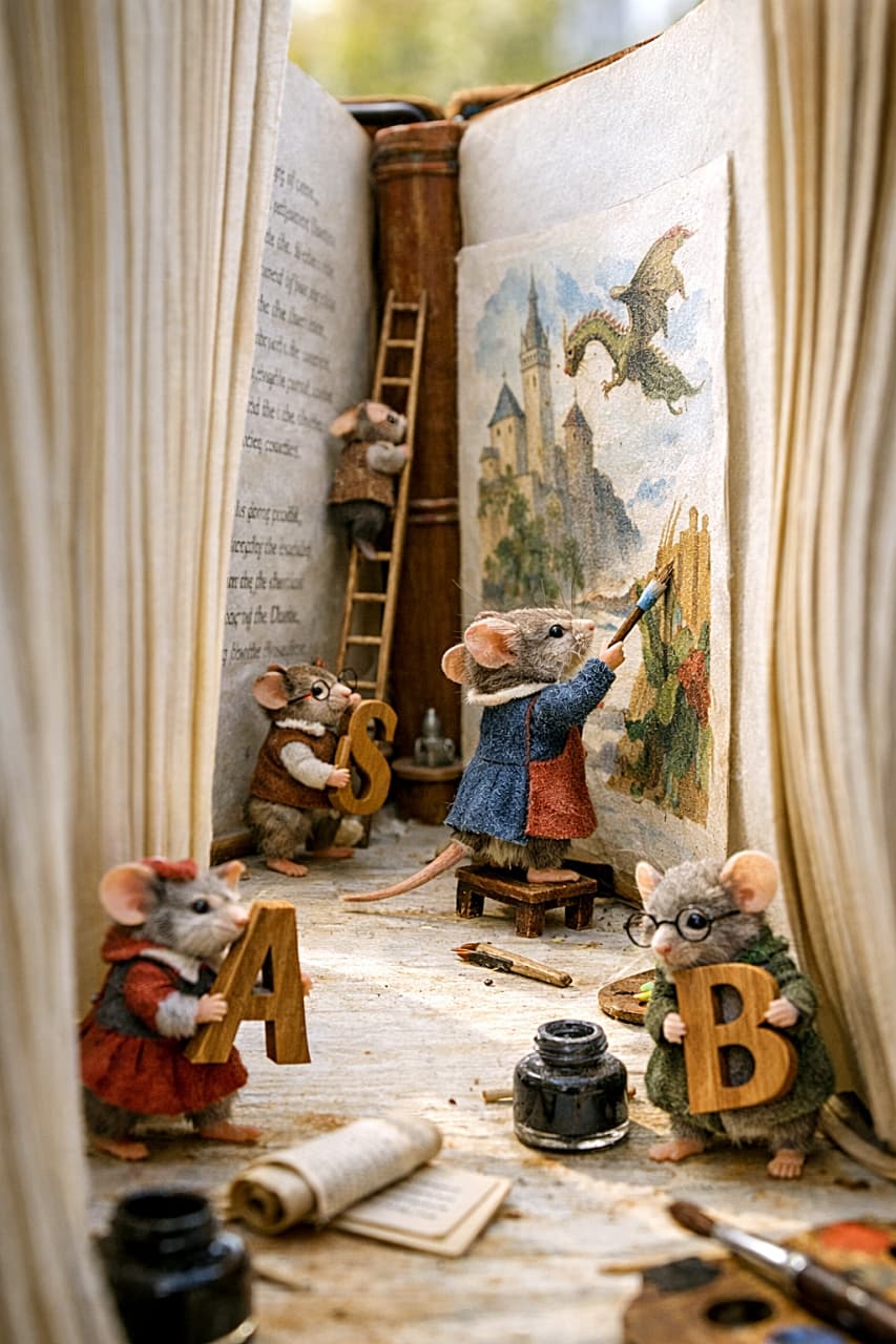「ページの谷間で大忙し！ちいさな司書たちの絵本づくり大作戦📚🐭✨」Tiny mouse librarians work inside a giant open storybook, carrying wooden letters and painting tall illustrations between towering white pages like a paper canyon, shot in macro miniature photography with natural light. 巨大な絵本の谷間で、木の文字を運びながら挿絵を描く小さなネズミの司書たち。ページに囲まれた紙の峡谷を探検するようなミニチュアマクロ写真