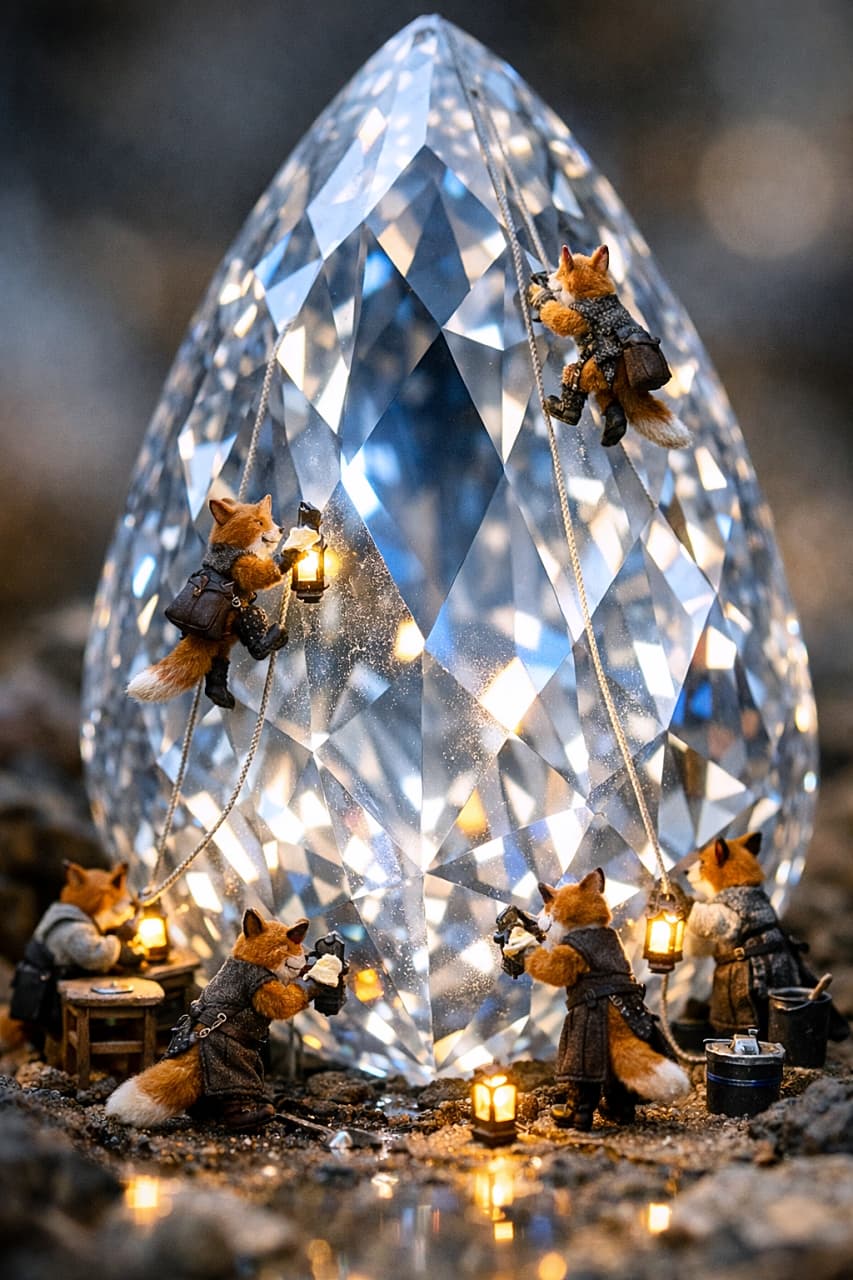 「きらめく宝石を磨くキツネ職人団✨小さな手仕事が、世界を輝かせる」Tiny fox jewelers polishing a gigantic teardrop-shaped gemstone with lantern light, some climbing ropes on the crystal, hyperrealistic miniature diorama in natural light, vertical macro photography. 巨大な雫型の宝石をランタンの灯りで磨く小さなキツネの宝石職人たち。ロープで登る者もいる、自然光のハイパーリアルなミニチュアジオラマの縦構図マクロ写真