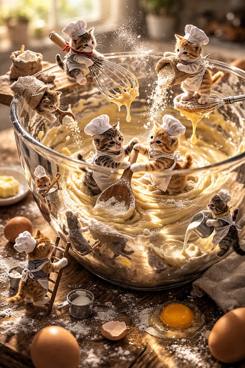 「粉まみれでも夢中でまぜまぜ！チームワーク抜群の子猫パティシエたち🐱✨」Miniature kitten bakers stir creamy batter inside a large glass bowl as flour floats in the air, captured in a hyperrealistic macro diorama with soft natural light. 大きなガラスボウルの中で、数匹の子猫のパティシエたちが協力して生地を混ぜ、粉がふわりと舞うリアルなミニチュア風の情景