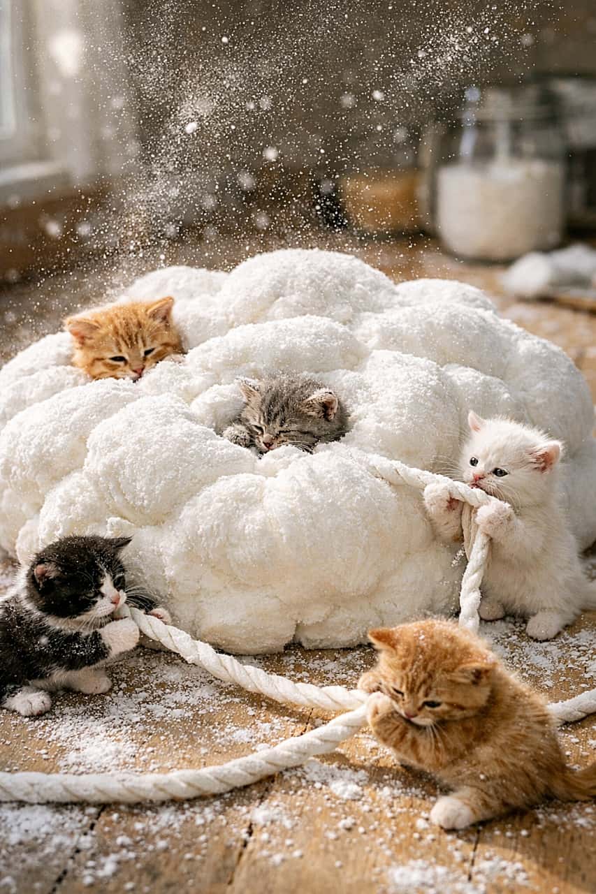 「雲みたいなマシュマロを、子猫たちがふわふわ大改造中！」Tiny kittens fluff a massive marshmallow shaped like a cloud, with powdered sugar floating in the air as they tug sugar ropes and sink into its surface in soft natural light. 雲のように巨大なマシュマロを、小さな子猫たちが綿あめのようにふわふわ整え、粉砂糖が舞う中で引っ張ったり沈み込んだりしている様子
