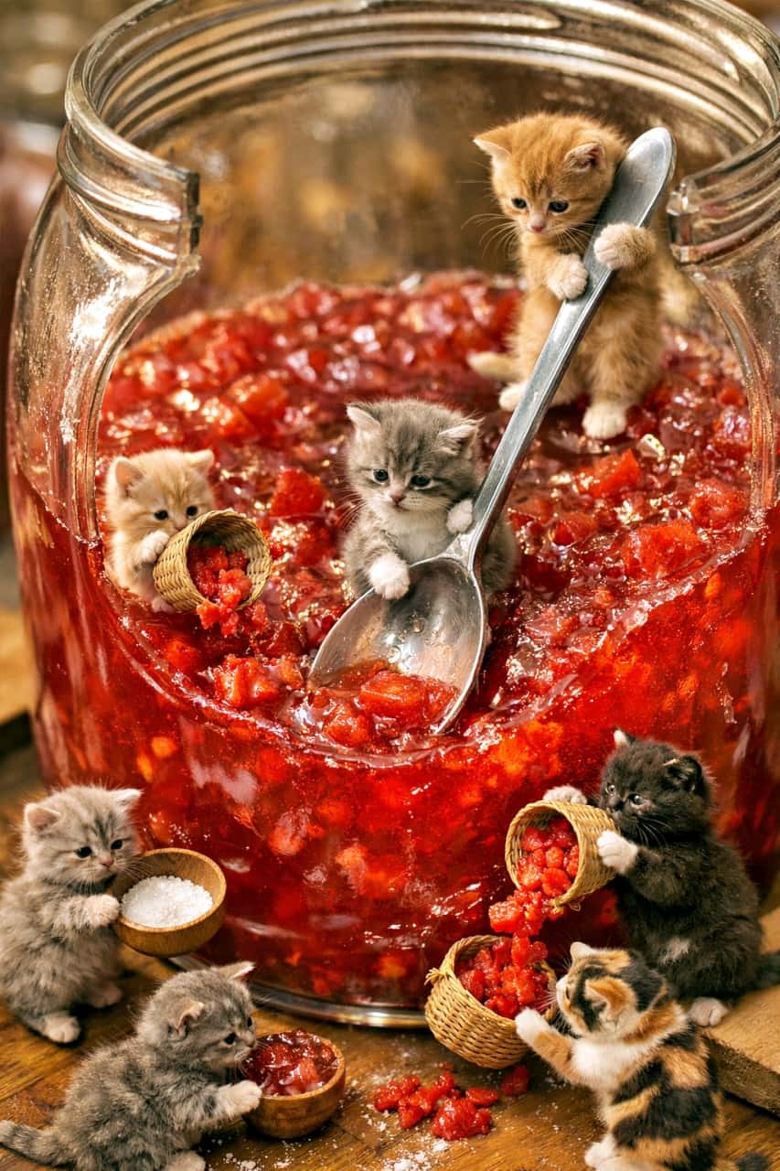 「小さな子猫たちが大奮闘！巨大ゼリー工房で、今日も甘くて楽しい大作戦🍓🐱」Tiny kittens working together inside a giant glass jar filled with glowing red jelly, stirring with oversized spoons and carrying fruit pulp in miniature baskets, captured in a whimsical hyperrealistic macro diorama style. 巨大なガラス瓶の中で、赤く輝くゼリーをスプーンでかき混ぜたり果肉を運んだりする小さな子猫たちを写した、幻想的で精巧なミニチュア風マクロ写真