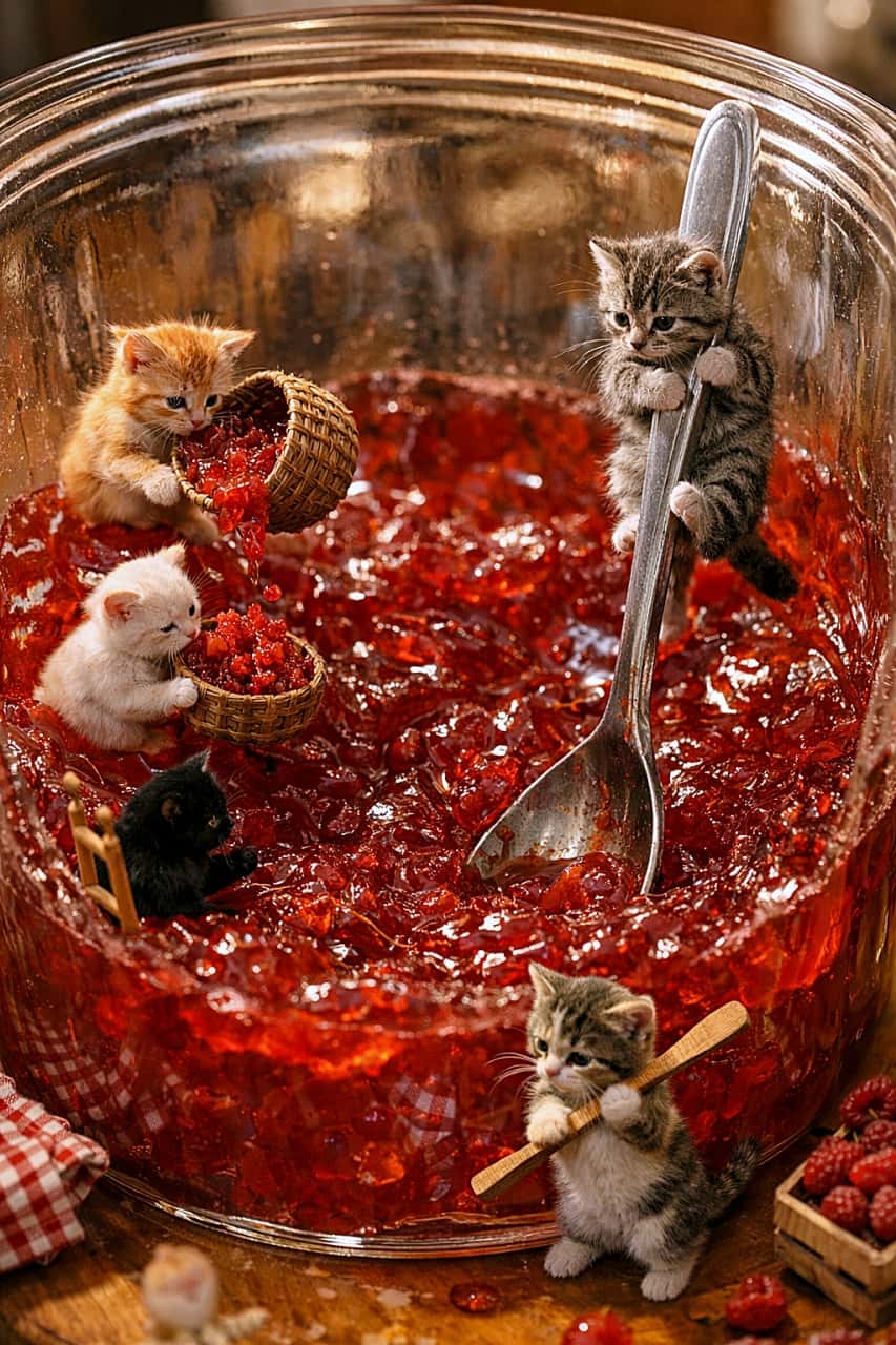 「ちっちゃな職人ねこ、巨大ゼリー工場で大奮闘中！🍓🐾」Tiny kittens work together inside a giant glass jar of glowing red jelly, climbing oversized spoons and pouring fruit pulp in a whimsical miniature kitchen scene. 巨大なガラス瓶の中で、真っ赤に光るゼリーを作る小さな子猫たちが、大きなスプーンによじ登ったり果肉を運んだりしている幻想的なミニチュア風の光景