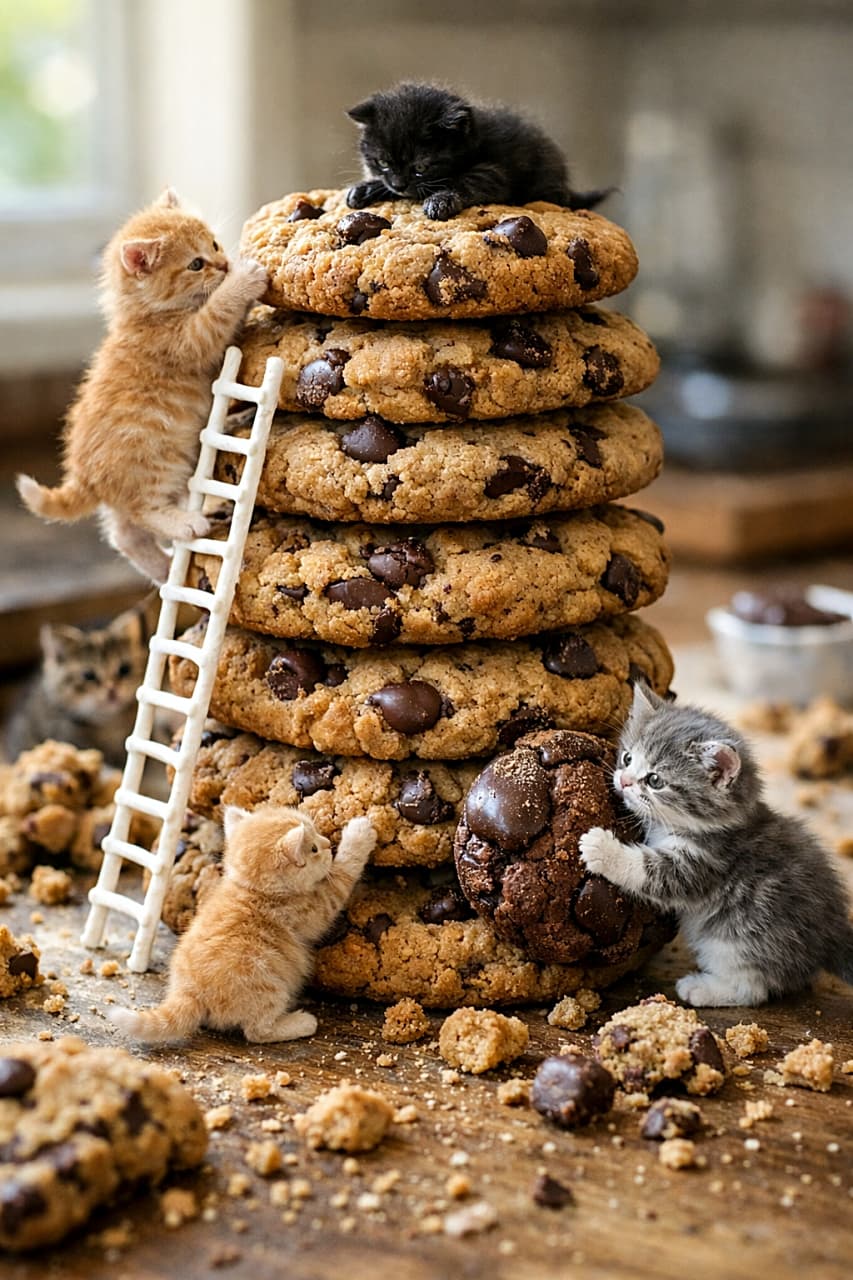 「ちいさな子猫たちの甘い大冒険！クッキー建設現場🍪🐾」Tiny kittens stack oversized chocolate chip cookies like stone tablets, climbing icing ladders and pushing giant chips as crumbs scatter across a sunlit countertop in a hyperrealistic miniature diorama scene. 手のひらサイズの子猫たちが、石板のように大きなクッキーを積み上げ、アイシングのはしごを登り、巨大なチョコチップを押しながら、パンくずのようなかけらが広がるキッチンカウンターの上で作業しているミニチュア風の幻想的な光景