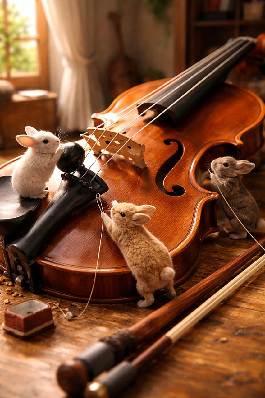 「ちいさなウサギ職人たちの本気チューニング🎻音が聴こえてきそうな魔法のひとコマ」Palm-sized rabbits tune a giant violin inside a warmly lit room with wooden floors, soft sunlight from a window, and cozy details like curtains and shelves, captured in a hyperrealistic miniature diorama style. 暖かい光が差し込む木の床の部屋で、手のひらサイズのウサギたちが巨大なバイオリンを調律している、精巧なミニチュアジオラマ風の情景