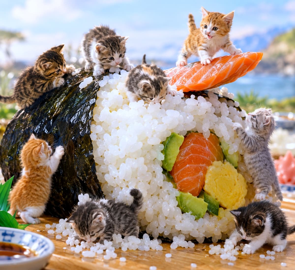「巨大サーモンロールを完全制覇!8匹のちび猫冒険隊、今日はお寿司パーティー🍣🐾✨」Ultra-realistic high-quality photograph of eight micro kittens on a huge salmon sushi roll (nori, rice, salmon, avocado, egg) on a wooden table. Kittens include red tabby on the salmon top, calico digging rice, brown tabby clinging nori, silver tabby leaping right, and other tabbies licking rice below. 超リアルな高品質写真。和風の木製テーブルの上で、8匹のマイクロ子猫が巨大なサーモンロール寿司(海苔、シャリ、サーモン、アボカド、卵)に群がっている。てっぺんのサーモンに乗る茶トラ、シャリを掘る三毛、海苔に掴まるキジトラ、右側でジャンプするサバトラ、下でシャリを舐めるキジトラたち