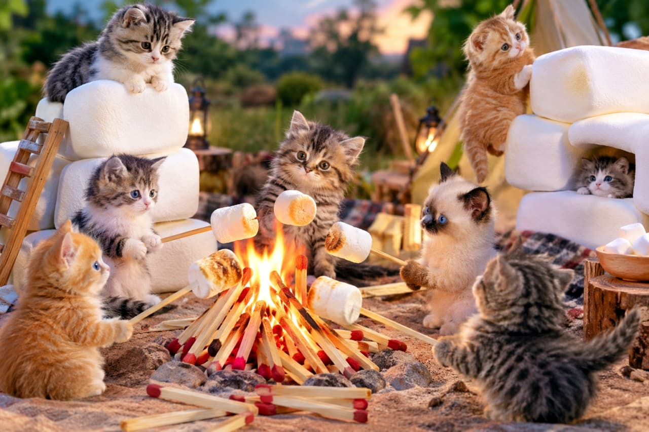 「とろ〜りマシュマロ焼けたかな?炎を囲んでキャンプを楽しむ8匹のちび猫たち🔥🐾✨」Ultra-realistic high-quality photograph of eight micro kittens around a campfire with huge marshmallows in a twilight campsite. Center kittens (brown tabby, Siamese) roast marshmallows. Left kittens (silver tabby on wall, silver tabby & white clinging). Foreground (brown tabby back). Right kittens (red tabby climbing, silver tabby & white peeking). Warm firelight. 超リアルな高品質写真。夕暮れのキャンプ場を背景に、8匹のマイクロ子猫が巨大マシュマロのキャンプファイヤーを囲んでいる。中央でマシュマロを焼くキジトラとシャム、左側のマシュマロの壁に乗るサバトラと掴まるサバトラ白、手前で背を向けるサバトラ、右側の壁を登る茶トラ、穴から覗くサバトラ白。温かい炎の光