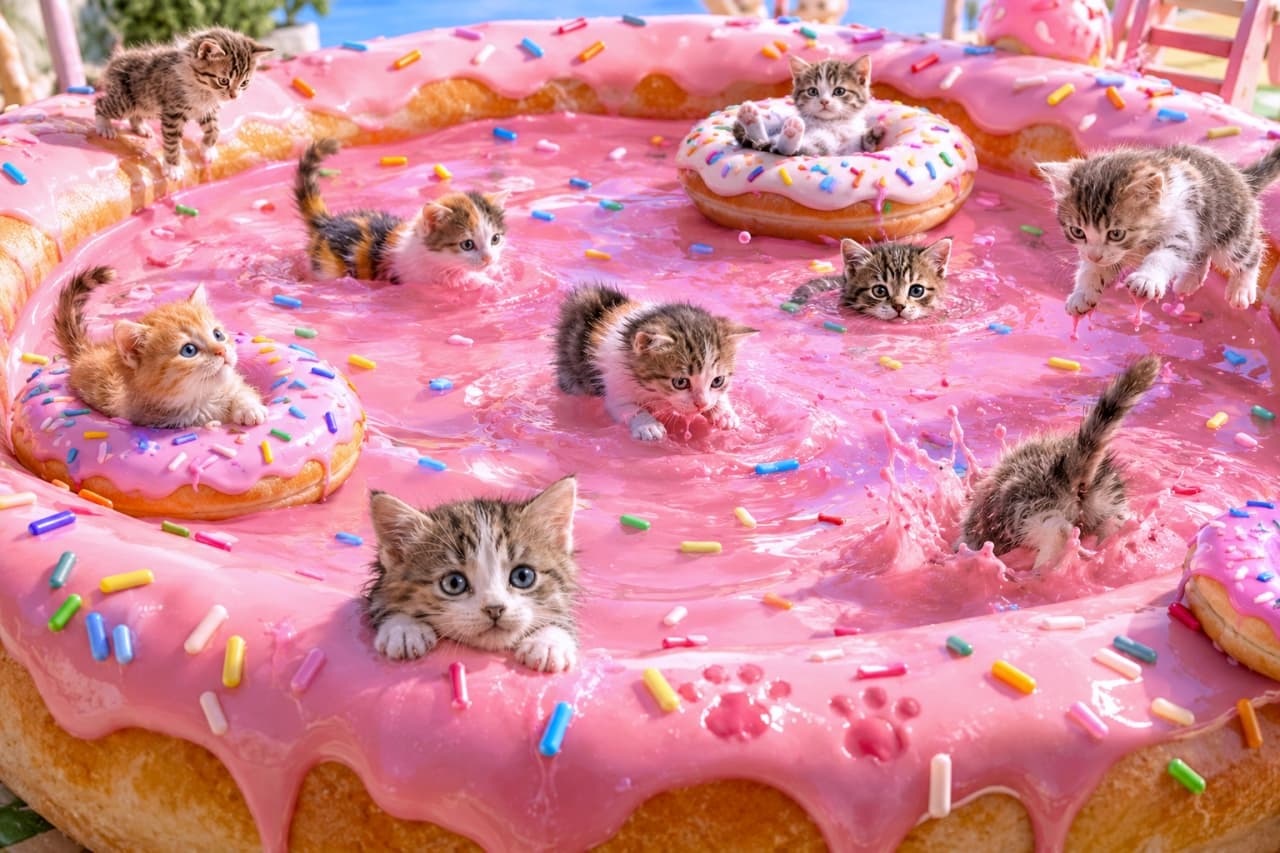 「ピンクのドーナツプール最高!水しぶきを上げて遊ぶ元気いっぱいな8匹の子猫たち🍩🐾✨」Ultra-realistic high-quality photograph of eight micro kittens playing in a giant strawberry donut-shaped pool (pink glaze, colorful sprinkles) outdoors. Kittens are on donut floats (red tabby, silver tabby), swimming in pink liquid (calico, tabs), and splashing. Center foreground brown tabby looks at camera. 超リアルな高品質写真。明るい屋外で、巨大なイチゴドーナツ型のプール(ピンクのグレースとカラフルスプリンクル)で8匹のマイクロ子猫が遊んでいる。ドーナツ浮き輪に乗る茶トラとサバトラ、ピンクの液体を泳ぐ三毛やキジトラ、水しぶきを上げる子猫。手前の中央ではキジトラがこちらを見つめている