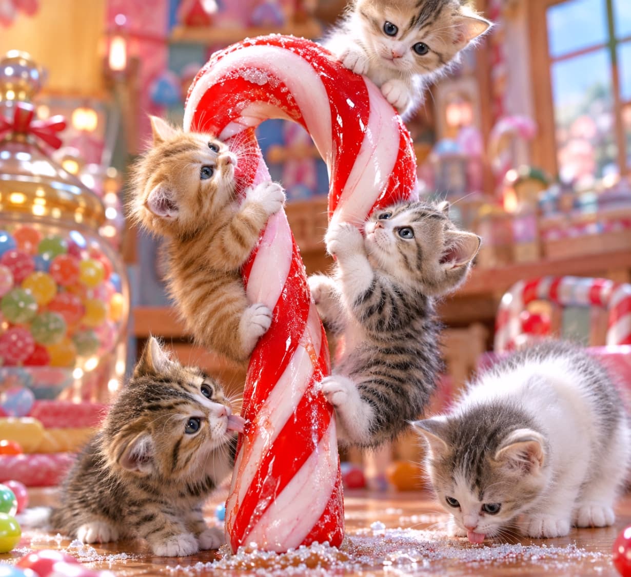 「甘〜い誘惑に勝てない!巨大キャンディケインに挑む5匹のちび猫ちゃんたち🍭🐾✨」Ultra-realistic high-quality photograph of five micro kittens on a massive red and white candy cane in a blurred candy shop background. Kittens include a brown tabby on top, red tabby biting, silver tabby hanging, another brown tabby licking the base, and a silver tabby & white watching. Detailed textures and scattered sugar. 超リアルな高品質写真。レトロでカラフルなキャンディショップを背景に、赤白の巨大キャンディケインに5匹のマイクロ子猫が群がっている。てっぺんに座るキジトラ、カーブに噛みつく茶トラ、ぶら下がるサバトラ、根元を舐めるキジトラ、下で見つめるサバトラ白。飛び散る砂糖の粒まで詳細に描写されている