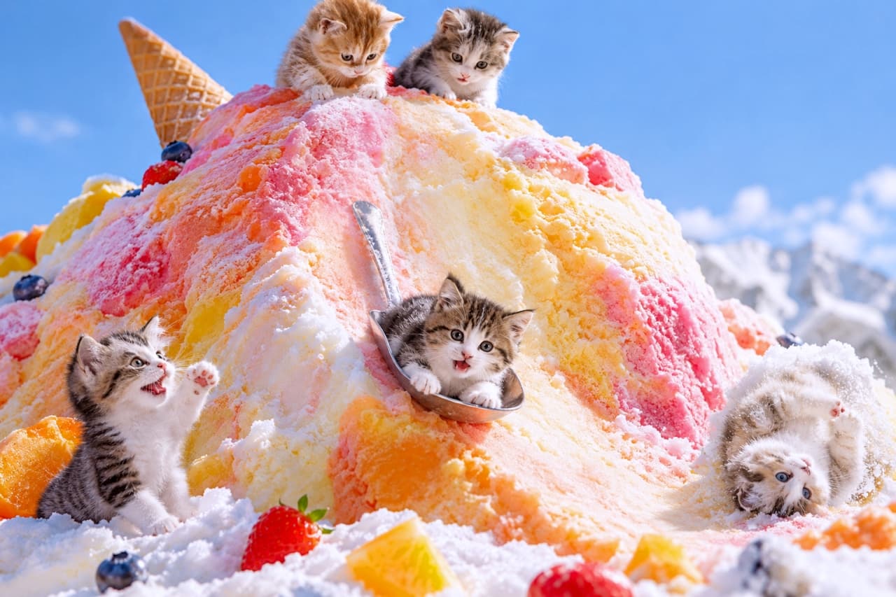 「シャーベット山でそり遊び!5匹のちび猫ちゃんが巨大フードに挑む夏のひととき🐈🍧」Ultra-realistic high-quality photograph under bright natural light of five palm-sized kittens on a giant sherbet mountain. One brown tabby kitten rides a large silver spoon as a sled, two prepare to start from the top (silver tabby, orange tabby), one cheers at the bottom (silver tabby and white), while another rolls like a snowball (silver tabby). Background features blue sky and distant mountains. 明るい自然光の下、カラフルなシロップ(ピンク、イエロー、グリーン)がかかった巨大なシャーベットの山が置かれている。手前では、1匹の茶トラの子猫が大きな銀のスプーンをソリにしてシャーベットの斜面を滑っている。頂上には、サバトラと茶トラの子猫がスタートの準備をしている。麓では、1匹のキジトラ白の子猫が応援し、もう1匹のサバトラの子猫が雪玉のように転がっている。猫たちは手のひらサイズで、背景には青空と遠くの山並みが見える