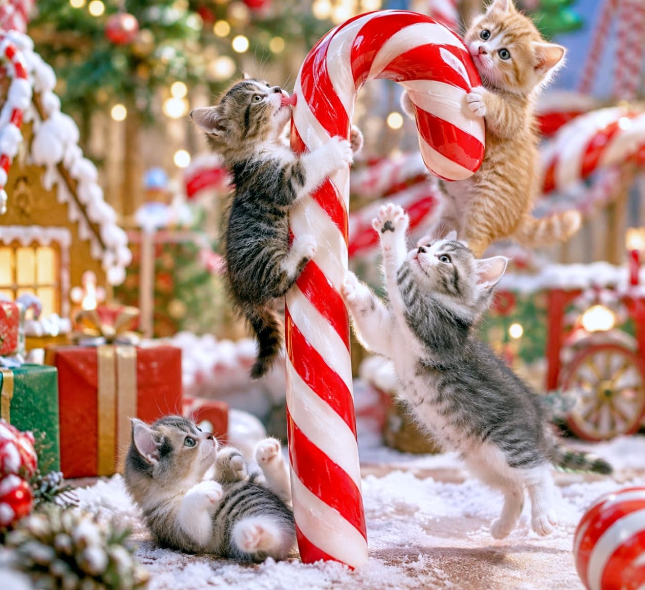 「クリスマスは大忙し!巨大キャンディケインで遊ぶ元気いっぱいな4きょうだいです🎄🐾✨」Ultra-realistic high-quality photograph of four micro kittens playing around a giant red and white striped candy cane set in a snowy gingerbread village with bokeh Christmas lights. Includes a red tabby on top, brown tabby hanging and licking, a silver tabby and white leaping, and a calico lying on its back looking up. 超リアルな高品質写真。雪の積もったミニチュアのクリスマス村と温かいボケ光を背景に、巨大な赤白キャンディケインに4匹のマイクロ子猫が戯れている。右上に茶トラ、中央にぶら下がって舐めるキジトラ、右下でジャンプして手を伸ばすサバトラ白、左下で仰向けになって見上げる三毛(キジトラ・茶トラ・白)