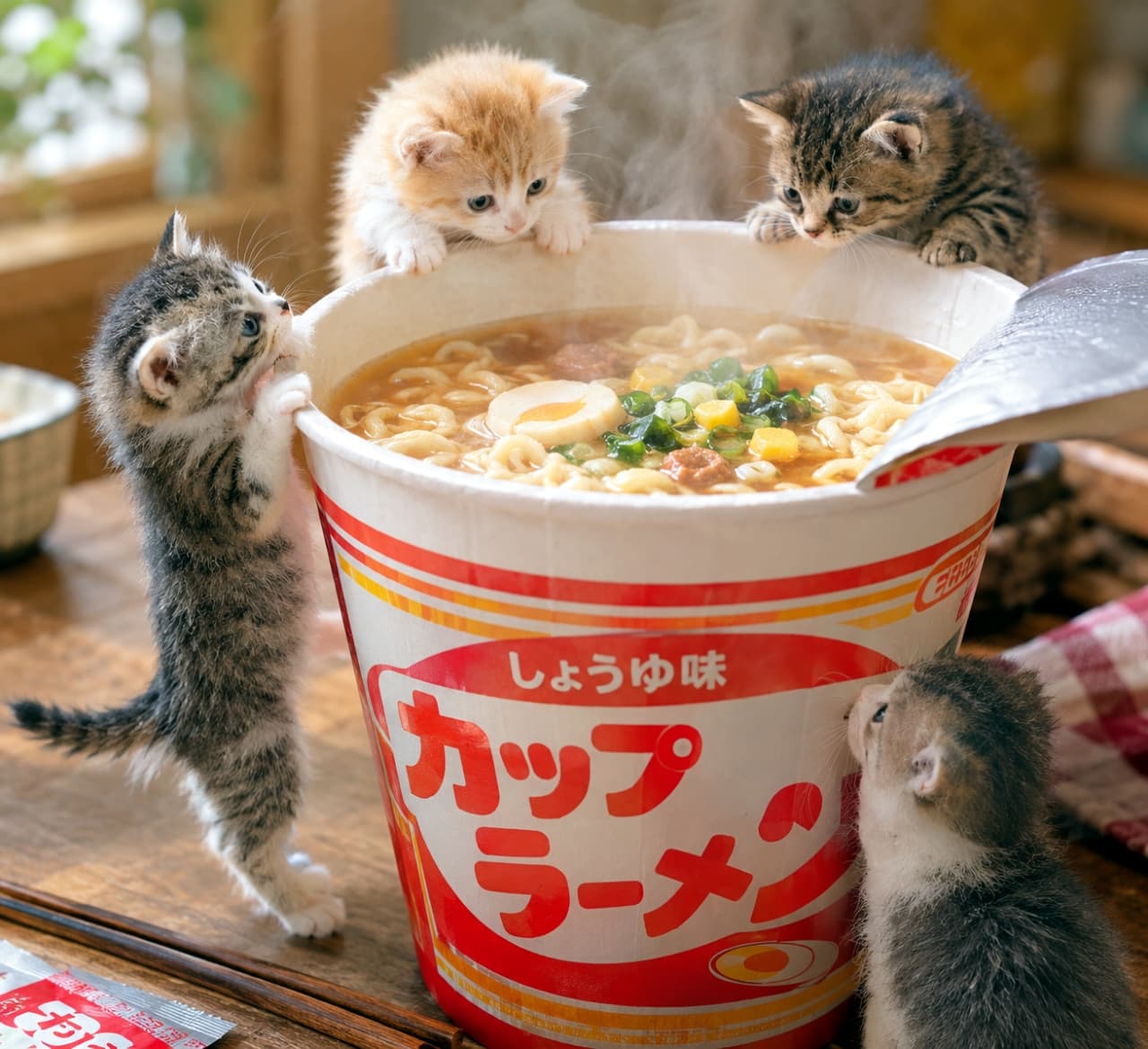 「湯気立つカップラーメンに釘付け!おいしい香りに誘われて集まった食いしん坊な4匹の探検隊です🍜🐾旨味が気になる!✨」Ultra-realistic high-quality photograph of four micro kittens curious about a giant steaming cup of soy sauce ramen on a wooden table. One kitten stands on its hind legs clinging to the side, two kittens peek over the top rim into the warm soup, and another sits at the bottom looking up at the red and white package with Japanese text. 木製テーブルの上で、湯気が立ち上る巨大な醤油カップラーメンに興味を示している4匹のマイクロ子猫たちの超リアルな高品質写真。1匹のキジトラ白が二足立ちでフチに掴まり、奥からは茶トラ白とキジトラがのぞき込み、右手前ではキジトラが「カップラーメン」と書かれた赤いパッケージを見上げている。背景の窓からは優しい光が差す