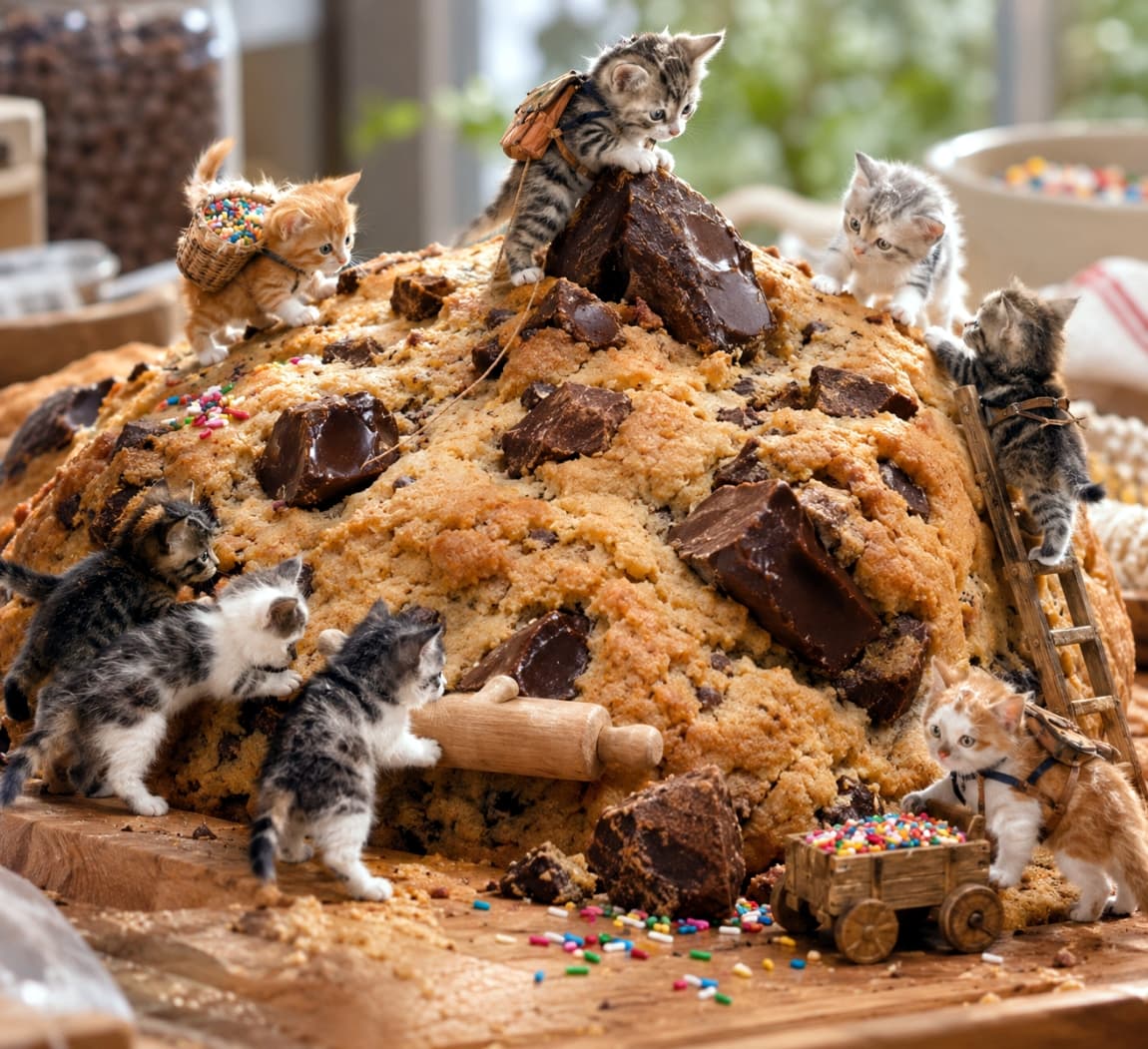 「「チョコチップクッキーの山に挑む!🍪🎒🐾 みんなでリュックを背負って、山頂を目指すよ!✨」 #子猫 #マイクロ子猫 #クッキー #冒険猫 #最高画質 #猫好きさんと繋がりたい」Ultra-realistic high-quality photograph of multiple micro kittens exploring a giant chocolate chip cookie like a mountain. Kittens with tiny backpacks, climbing a ladder, and pulling a cart with colorful sprinkles are featured. The background shows blurred kitchen elements and other cooking items. 巨大なチョコチップクッキーを山に見立て、複数のマイクロ子猫たちがそれを登ったり探検したりする、超リアルな高品質写真。リュックを背負った子猫や、梯子を登る子猫、カラフルなスプリンクル入りの台車を引く子猫など、多様なアクションを捉えている。背景はブレたWeb素材やキッチンの様子