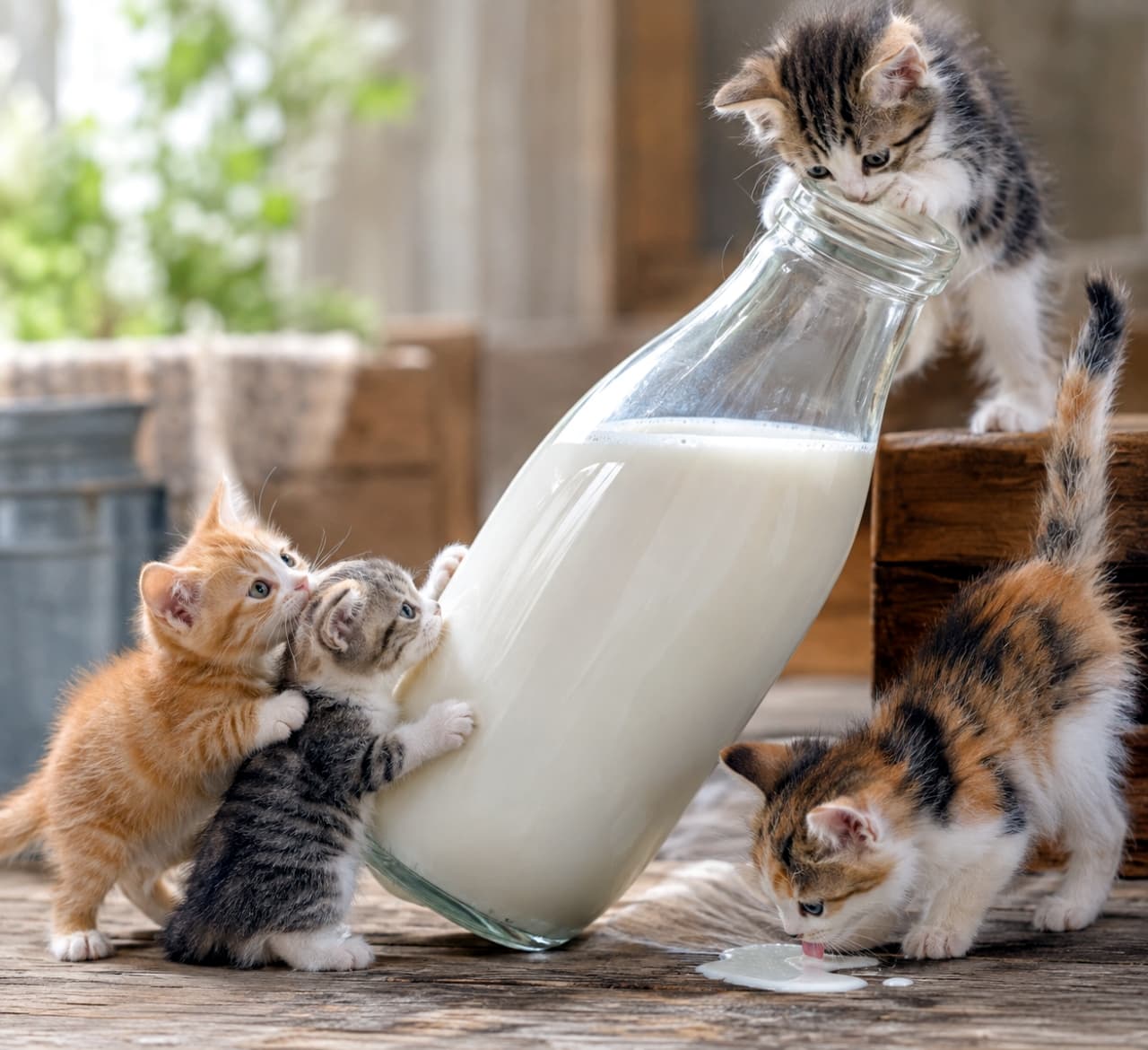 「「この巨大なミルク瓶、僕たちのもの!🐈🍼✨ みんなで協力して、制覇してみせるよ!🐾」 #子猫 #マイクロ子猫 #ミルク #冒険猫 #最高画質 #猫好きさんと繋がりたい」Ultra-realistic high-quality photograph of four micro kittens interacting with a giant milk bottle on a sun-drenched wooden table in a kitchen. One kitten is on top of the bottle, two are clinging to its side, and one is drinking spilled milk on the table. The background shows blurred kitchen elements and plants. 太陽光が差し込むキッチンの木製テーブルの上で、4匹の小さな子猫たちが巨大なミルク瓶に挑む様子を捉えた、超リアルな高品質写真。1匹の子猫は瓶の上に、2匹は瓶の左側に捕まり、1匹は床にこぼれたミルクを飲んでいる。背景にはキッチンカウンターと植物が見える