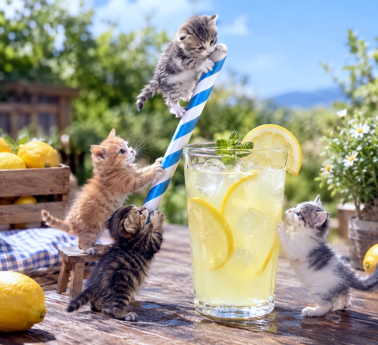 「「この巨大なレモネード、僕たちの冒険の地!🐈🍋✨ みんなで協力して登ってみせるよ!🐾」 #子猫 #マイクロ子猫 #レモネード #冒険猫 #最高画質 #猫好きさんと繋がりたい」Ultra-realistic high-quality photograph of four micro kittens exploring a giant glass of lemonade on a sun-drenched wooden table outdoors. The glass is filled with ice, lemon slices, and mint, with kittens clinging to a blue and white straw and the glass rim. A wooden crate of lemons and plants are to the left, with mountains in the background. 太陽光が降り注ぐ屋外の木製テーブルの上で、4匹の小さな子猫たちが巨大なグラスに入ったレモネードに挑む様子を捉えた、超リアルな高品質写真。グラスにはストロー、氷、レモンスライス、ミントが入り、子猫たちは青白のストローやグラスの縁に捕まっている。左側にはレモンの入った木箱や植物、遠景には山並みが広がる