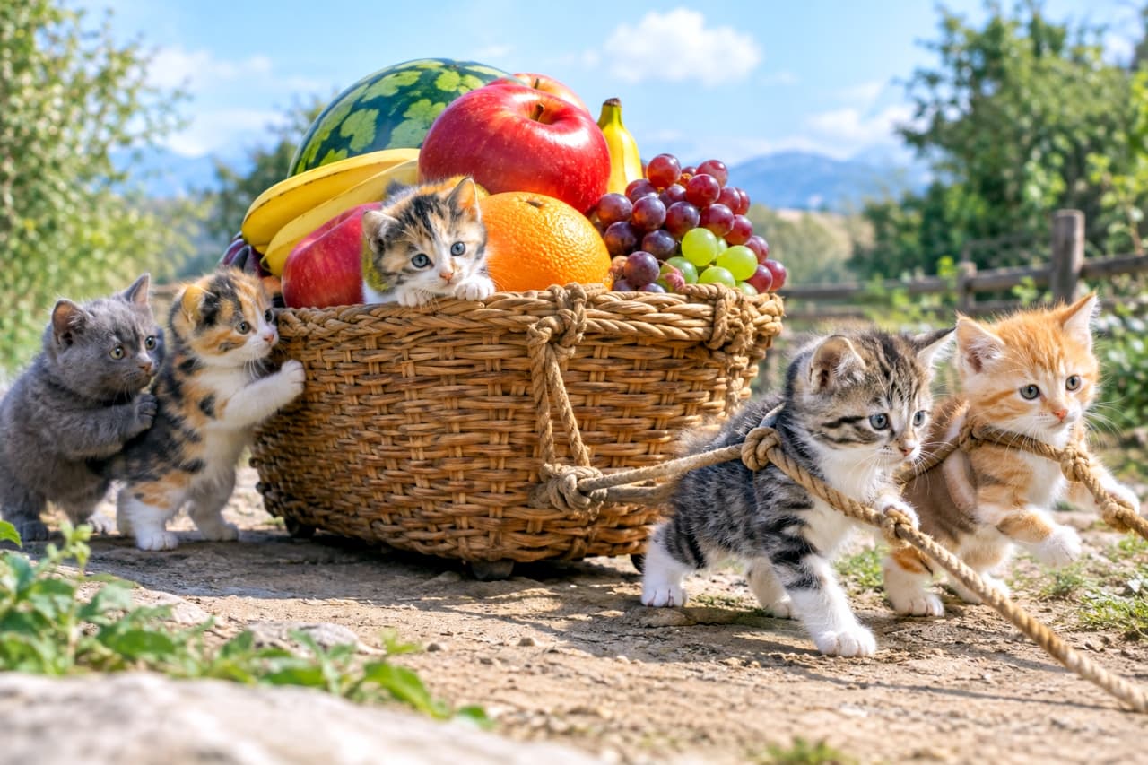 「「この巨大なフルーツバスケット、僕たちのもの!🐈🧺✨ みんなで協力して、運んでみせるよ!🐾」 #子猫 #マイクロ子猫 #フルーツ #冒険猫 #最高画質 #猫好きさんと繋がりたい」Ultra-realistic high-quality photograph of five micro kittens interacting with a giant fruit basket on a sun-drenched gravel path outdoors. Kittens are using a rope to pull the basket and clinging to its side. The basket is filled with fruits like apples, grapes, and lemons. The background shows blurred plants and mountains. 太陽光が降り注ぐ屋外の砂利道で、5匹の小さな子猫たちが巨大なフルーツバスケットに挑む様子を捉えた、超リアルな高品質写真。子猫たちはロープを使ってバスケットを引いたり、バスケットに掴みかかったりしている。バスケットにはリンガ、ブドウ、レモンなどの果物が詰まっている。背景には植物や山並みが広がる
