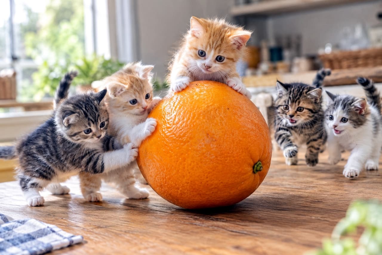 「「このオレンジは、僕たちのもの!🐈🍊✨ みんなで協力して、転がしてみせるよ!🐾」 #子猫 #マイクロ子猫 #オレンジ #冒険猫 #最高画質 #猫好きさんと繋がりたい」Ultra-realistic high-quality photograph of five micro kittens interacting with a giant orange on a sun-drenched wooden table in a kitchen. Three kittens are clinging to the orange, one is on top. Two other kittens are running to the right. The background shows blurred kitchen elements and plants. 太陽光が差し込むキッチンの木製テーブルの上で、5匹の小さな子猫たちが巨大なオレンジに挑む様子を捉えた、超リアルな高品質写真。3匹の子猫がオレンジに掴みかかり、1匹は上に乗っている。右側には2匹の子猫が走っている。背景にはキッチンカウンターと植物が見える