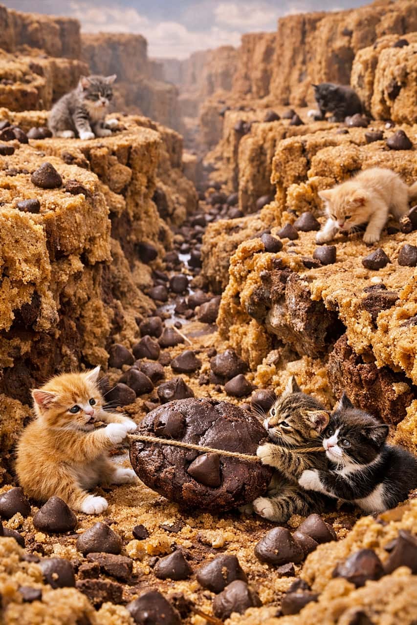 「チョコクッキー渓谷で大冒険！子猫たちが宝物チョコを力いっぱい運ぶ、甘くて可愛いジオラマ世界」Photorealistic diorama of a giant broken chocolate chip cookie forming a canyon, with kittens scrambling among cookie cliffs and pulling a large chocolate chip like a treasure. 巨大な割れたチョコチップクッキーが渓谷のように広がり、その中で子猫たちがチョコチップを宝物のように引っ張り合うフォトリアルなジオラマ
