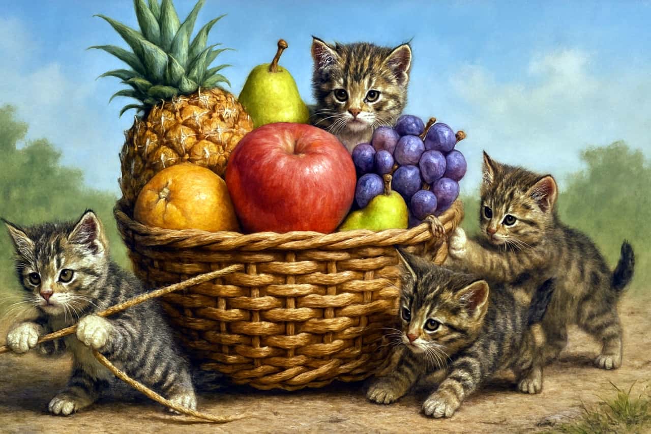 「ちび猫たちの全力チームワーク、大冒険のはじまり！」Hyperrealistic scene of five tiny kittens working together to carry a huge woven basket overflowing with oversized fruits. Two kittens pull ropes in front, two push from behind, and one peeks over the basket’s edge. Wide-format composition with playful teamwork. 超写実的な5匹の子猫が、巨大な果物入りの大きな編みかごを協力して運んでいる様子。2匹が前でロープを引き、2匹が後ろから押し、1匹がかごの縁から顔をのぞかせている。横長構図で、遊び心のあるチームワークが描かれている