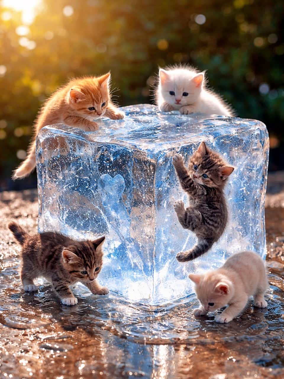 「氷山みたいな氷キューブに大はしゃぎ。つるつる滑って、子猫たちの大冒険！」Photorealistic miniature scene of playful kittens exploring a giant glowing ice cube, slipping on its smooth surface and pawing at sparkling meltwater in warm sunlight. 太陽光を受けて輝く巨大な氷のキューブで、子猫たちが滑ったり溶け水を触ったりして遊ぶフォトリアルなミニチュア風景