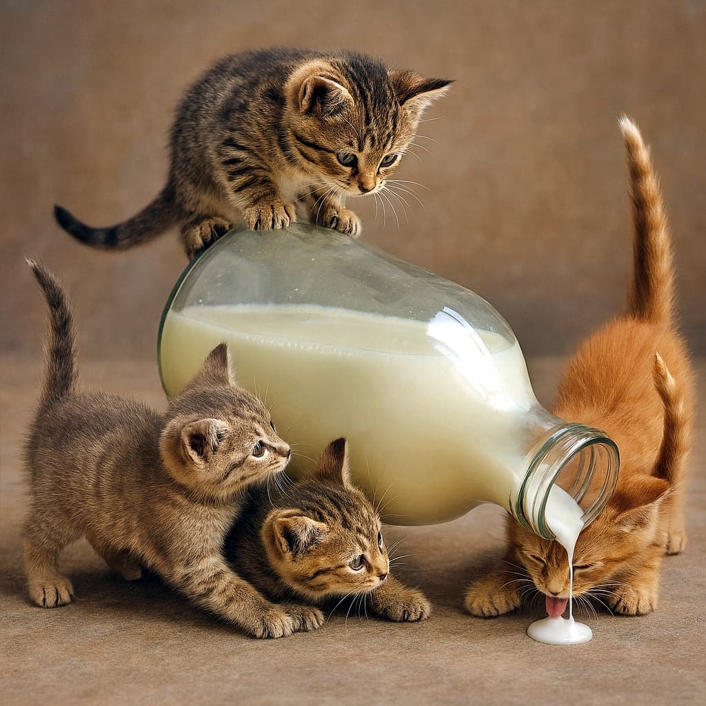 「みんなで力を合わせてミルク大作戦！」Photorealistic scene of five tiny kittens working together around a giant glass milk bottle: two kittens push the bottom to tilt it, one kitten peers inside from the top opening, one kitten licks a spilled drop on the ground, and another kitten raises its tail high for balance. Soft natural lighting and detailed fur textures create a whimsical teamwork atmosphere. 巨大なガラスのミルク瓶をめぐって5匹の子猫が協力するフォトリアルな情景。2匹が瓶の底を押して傾け、1匹が上部の口から中を覗き込み、1匹がこぼれた一滴を舐め、もう1匹はバランスを取るために尻尾を高く上げている。柔らかな自然光と細かな毛並みが、ほのぼのとしたチームワークの雰囲気を演出している