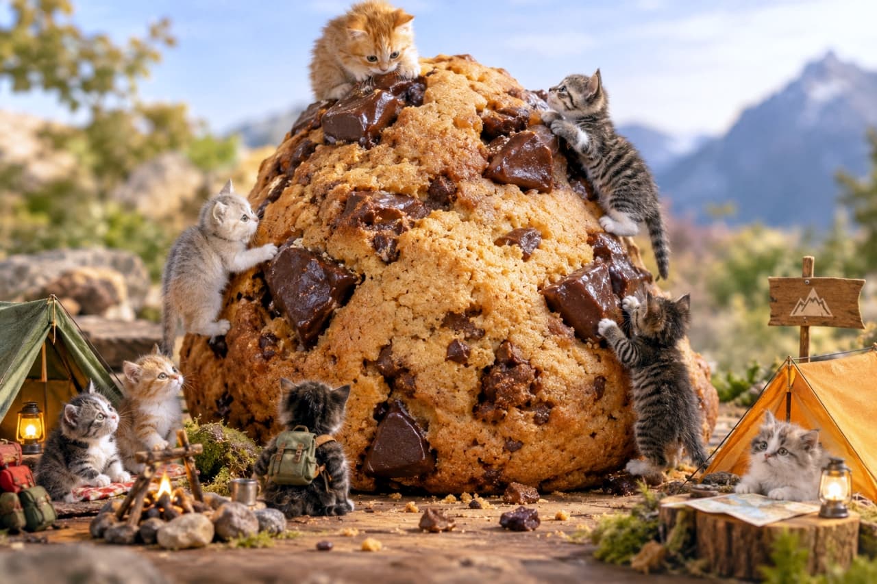 「クッキー山で夢のミニキャンプ!リュックを背負って頂上を目指すちび猫登山隊です🏕️🍪✨」Ultra-realistic high-quality photograph of eight micro kittens camping around a giant chocolate chip cookie mountain. Miniature tents, a campfire, and lanterns are set up. Kittens wearing tiny backpacks, scaling cookie cliffs, and sitting on top of chocolate chunks create a whimsical, adventurous outdoor setting. 巨大なチョコチップクッキーの山の麓でキャンプを楽しむ8匹のマイクロ子猫たちの超リアルな高品質写真。ミニチュアのテントや焚き火、ランタンが置かれ、リュックを背負うキジトラ、山頂のチョコに乗る茶トラ、壁面を登るサバトラなど、個性豊かな子猫たちがクッキー山を制覇しようとしている。背景には遠くの山並みが広がる
