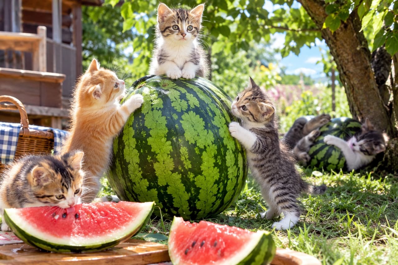 「巨大スイカの山を完全制覇!5匹のちび猫たちが総出でピクニック🐈🍉✨ 食べる子、登る子、抱える子、みんな楽しそう!」Ultra-realistic high-quality photograph under bright natural light of five palm-sized kittens with giant watermelons on a grassy area. One brown-and-white tabby sits atop the central watermelon. An orange tabby and a brown tabby climb the sides. In the foreground, a brown-and-white tabby eats a cut slice. In the background right, another kitten hugs a second watermelon. Background features lush greenery, blue sky, and a cottage. 明るい自然光の下、草むらに巨大なスイカがある。中央の丸ごとのスイカの頂上にキジトラ白の子猫が座り、左右に茶トラとキジトラが登ろうとしている。手前中央ではハチワレの子猫がカットスイカを食べている。右奥ではキジトラ白の子猫がもう一つのスイカを抱えている。奥にはコテージと緑の木々、青空が見える