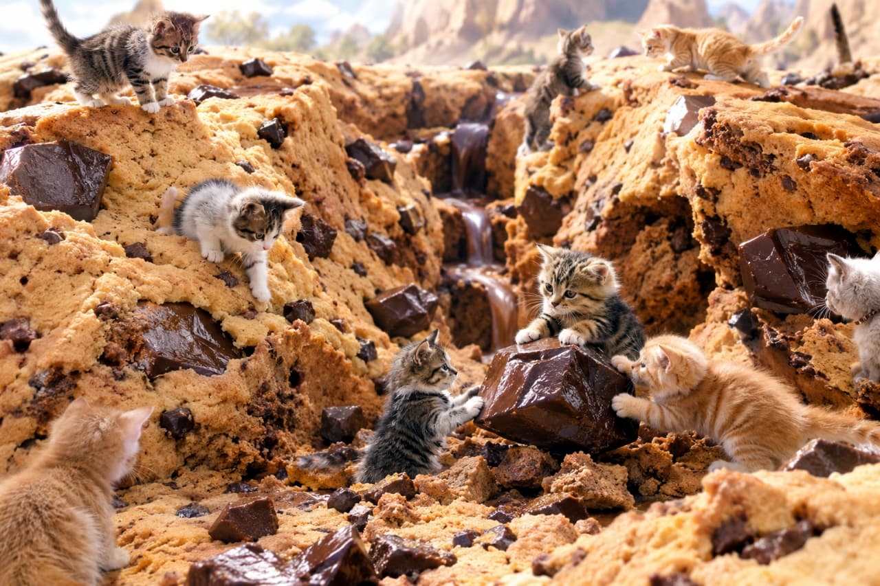 「巨大チョコチップクッキーの峡谷を探検!9匹のちび猫探検隊が岩場に挑む大冒険に出発🐾✨」Ultra-realistic high-quality photograph of nine micro kittens exploring a massive canyon made of chocolate chip cookies. Features brown tabbies, orange tabbies, and silver tabbies climbing cookie cliffs, playing around a huge chocolate chunk, with a flowing chocolate stream and distant mountains in the background. 巨大なチョコチップクッキーで形成された深い峡谷を冒険する9匹のマイクロ子猫たちの超リアルな高品質写真。左上の崖に立つキジトラ、クッキーの壁を登るキジトラ白や茶トラ、中央の巨大なチョコレート塊にしがみつくキジトラと茶トラなど、それぞれの個体が表情豊かに動いている。溶けたチョコの川が流れ、背景には遠くの山々が広がる