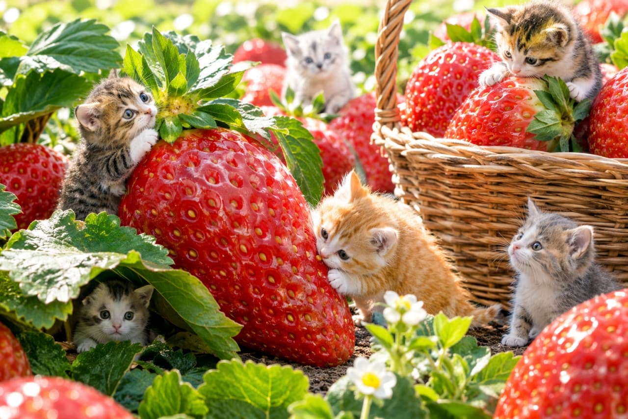 「巨大イチゴの森を探検中!イチゴを噛んだり葉っぱに隠れたり、みんな楽しそう🐈🍓✨」Ultra-realistic high-quality photograph under bright natural light of six palm-sized kittens exploring a massive strawberry forest with sunlight and lush greenery. In the foreground, an orange tabby and a brown tabby kitten climb giant strawberries. A brown tabby kitten peeks out from under a leaf. In the background right, a brown-and-white tabby kitten peeks from leaves, another brown tabby kitten is on a strawberry further back, and a gray-and-white tabby kitten is in a wooden basket. Background features lush greenery and sunlight. 明るい自然光の下、巨大なイチゴの森が広がっている。手前中央では茶トラが巨大イチゴに登ろうとし、左側ではキジトラがイチゴに登ろうとしている。葉の下からはキジトラが顔を出し、右奥の葉の間からはキジトラ白、さらに奥からはキジトラ、かごの中からはキジトラ白の子猫が手前を見ている