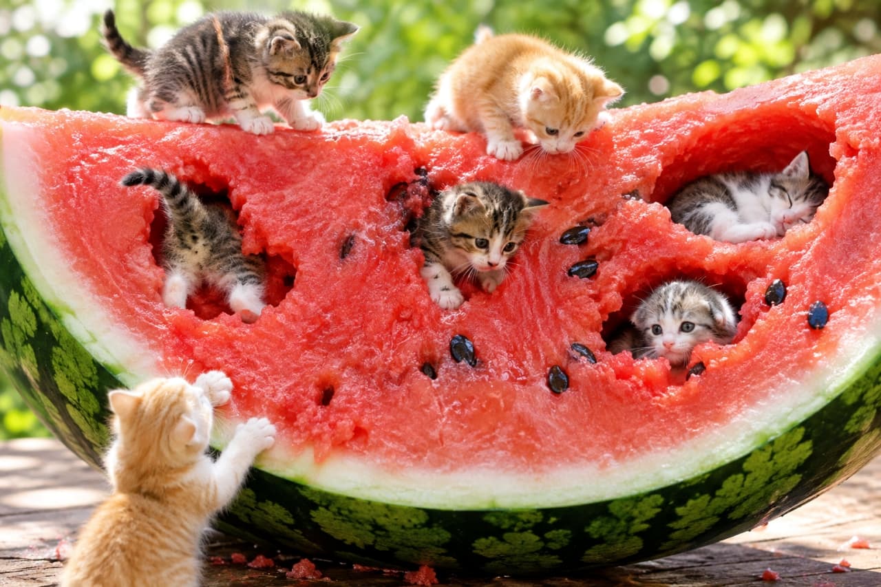 「巨大スイカの洞窟を探検中!穴から顔を出すちび猫たちが可愛すぎる🐈🍉✨ 食べるより、探検の方が楽しいみたい!」Ultra-realistic high-quality photograph under bright natural light of six palm-sized kittens exploring a massive cut watermelon slice with holes in the flesh. Two brown tabby kittens are atop the watermelon, trying to get in. Two more brown tabby kittens peek out from the middle and right holes. Foreground left, an orange tabby kitten climbs the rind. Background right, a gray-and-white tabby kitten sleeps in a hole. Background features lush greenery and blue sky. 明るい自然光の下、巨大なカットされたスイカの果肉に穴が開いている。スイカの上には、果肉の中に入り込ろうとするキジトラの子猫がいる。真ん中と右側の穴からはキジトラの子猫が顔を出し、手前左では茶トラの子猫が登ろうとしている。右奥の穴ではキジトラ白の子猫が眠っている。背景には緑の草木と青空が見える