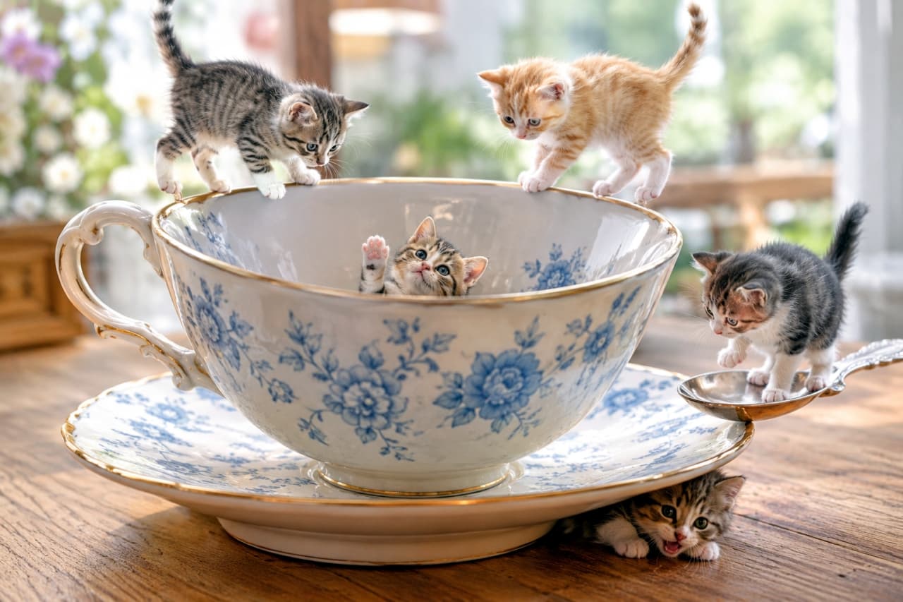 「巨大なティーカップはお庭の遊園地!ひょっこり顔を出すちび猫たちと優雅なお茶会はいかが?☕🐾✨」Ultra-realistic high-quality photograph of five micro kittens playing around a giant vintage porcelain teacup and saucer with blue floral patterns. Features tabbies walking on the cup rim, a kitten peeking out from inside, one balancing on a spoon, and another hiding under the saucer on a wooden table. 陽の光が射し込む木製テーブルの上で、青い花柄が描かれた巨大な磁器のティーカップとソーサーで遊ぶ5匹のマイクロ子猫たちの超リアルな高品質写真。カップの縁に立つキジトラや茶トラ、カップの中からひょっこり手を出している子猫、スプーンの上に乗る子猫、ソーサーの下から顔を覗かせる子猫など、お茶目なポーズをとっている