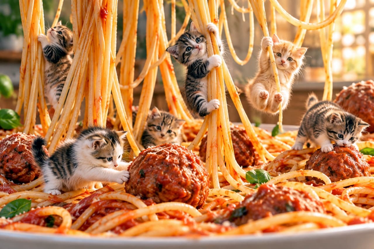 「巨大スパゲッティの森で遊ぶ6匹のちび猫たち🐈🍝✨ スパゲッティに登ったりぶら下がったり、ミートボールを見たり、みんな楽しそう✨」Ultra-realistic high-quality photograph under bright natural light of six palm-sized kittens playing in a giant spaghetti forest with meatballs and tomato sauce. Brown tabby kittens climb spaghetti vines, while two orange tabby kittens hang from spaghetti. In the foreground center, a brown tabby kitten sits before a giant meatball. In the background right, another brown tabby kitten is atop a meatball. 明るい自然光の下、巨大なスパゲッティ・ミートボールの森が広がっている。スパゲッティにはソースがかかっている。蔓の上には、登ろうとするキジトラの子猫がいる。中央には、ぶら下がる茶トラの子猫がいる。手前中央では、キジトラがミートボールを見つめ、右奥では、キジトラがミートボールの上にいる