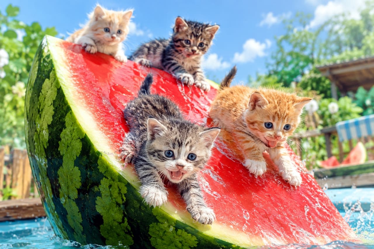 「巨大スイカの切り株に挑む4匹のちび猫たち🐈🍉✨ 水しぶきが上がって、夏の遊園地みたい!」Ultra-realistic high-quality photograph under bright natural light of four palm-sized kittens on a giant floating watermelon slice with water splashes. Two kittens, brown and orange tabby, cling to the flesh, mouths open. Two more kittens, fluffy cream and brown tabby, are on the rind. Background features lush greenery, blue sky, and a pool. 明るい自然光の下、巨大なスイカの切り株が水上にあり、水しぶきが上がっている。果肉部分に、手前中央のキジトラと右手前の茶トラの子猫が前脚をかけ、口を開けている。スイカの皮の上には、左奥に長毛の薄茶白、右奥にキジトラの子猫が座っている。猫たちは手のひらサイズで、背景には緑の草木と青空、プールが見える