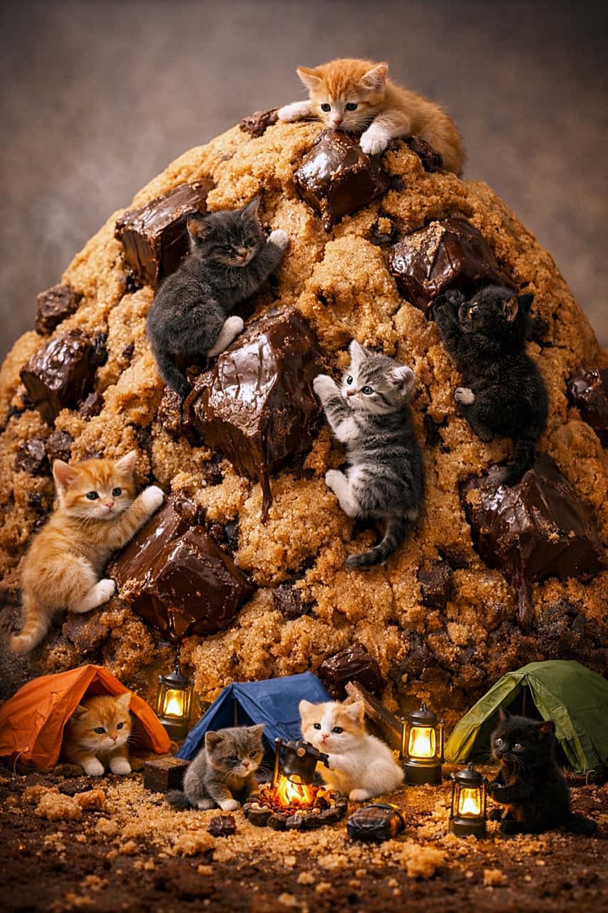 「溶けチョコを足がかりに、いざ登頂！クッキー山のふもとは今夜も子猫キャンプで大賑わい🍫🐾」Tiny kittens bravely scale a huge chocolate chip cookie mountain, using gooey chocolate as handholds, while a cozy campsite with tents and lanterns glows below. 巨大なチョコチップクッキーの山に挑む小さな子猫たち。溶けたチョコを足場に登り、下ではテントとランタンのキャンプが灯る