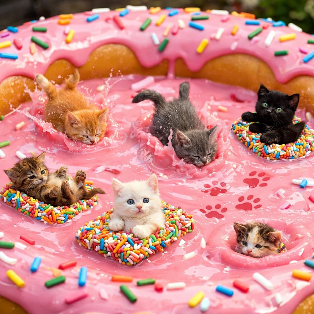 「ドーナツプールで子猫が大はしゃぎ！ピンクの甘い世界にダイブ🐾🍩」Micro kittens splash in a giant donut pool filled with pink icing, floating on sprinkle rafts and leaving sticky paw prints. ンクのアイシングで満たされた巨大ドーナツプールで、マイクロサイズの子猫たちがスプリンクルのいかだに乗ったり水しぶきを上げたりして遊んでいる様子