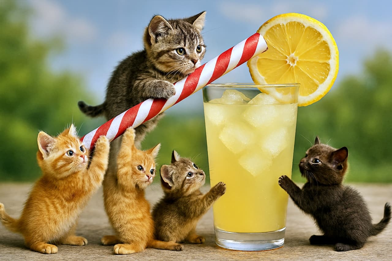 「ちび猫たちの大作戦！巨大ストローをレモネードにINせよ！」Photorealistic diorama of five micro kittens collaborating to lift a giant red-and-white striped straw into a glass of lemonade. Each kitten has distinct fur patterns and realistic textures, with coordinated poses showing teamwork around the glass and straw. フォトリアルなジオラマ風の情景。５匹のマイクロサイズの子猫たちが協力して、巨大な赤白ストライプのストローをレモネードのグラスに差し込もうとしている。それぞれ異なる毛並みとリアルな質感を持ち、グラスとストローの周囲で連携する姿が描かれている