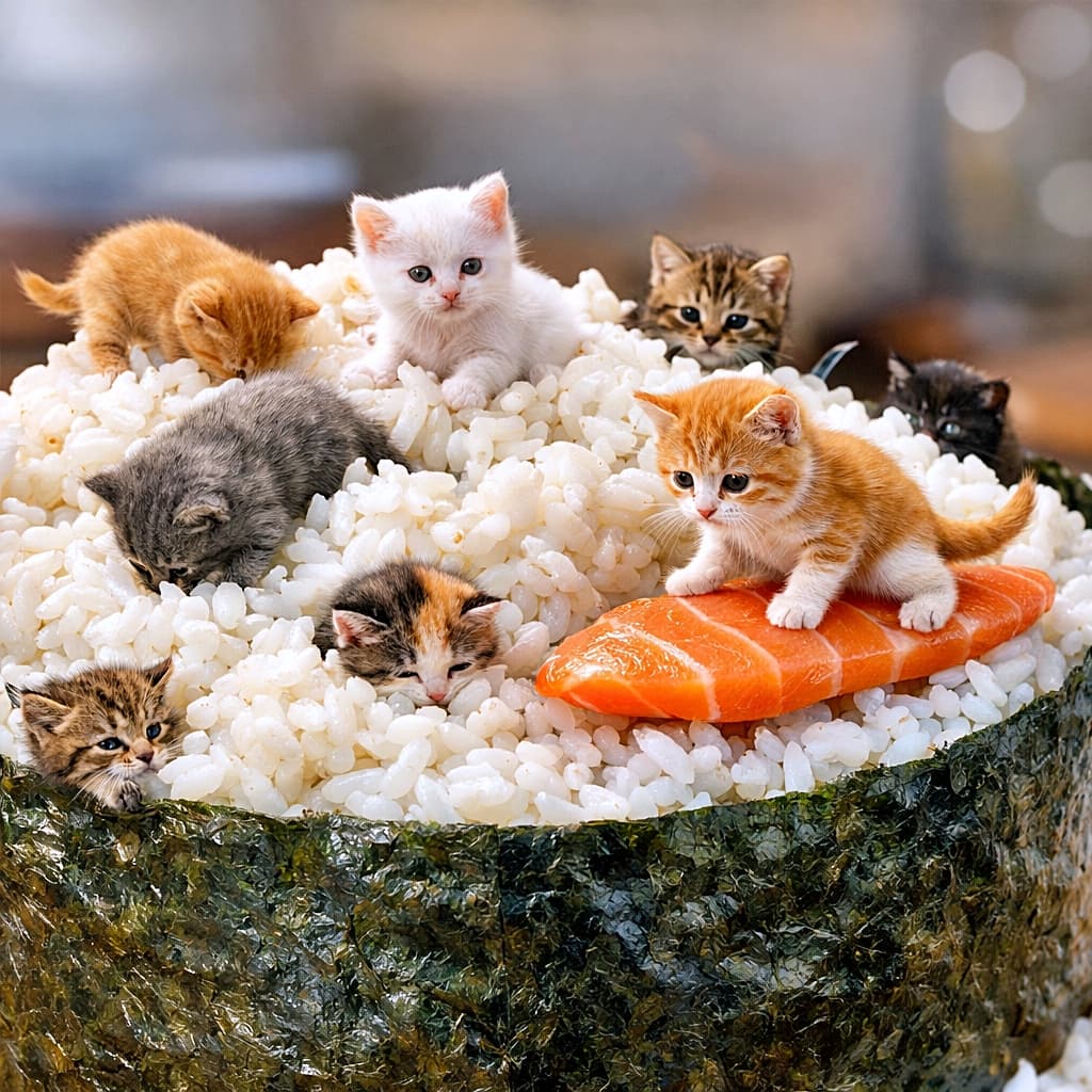 「巨大巻き寿司が子猫の遊び場に！？お米の山を探検したりサーモンサーフを楽しむ、癒やし全開のにゃん寿司ワールド！」Micro kittens playing on top of a giant sushi roll, digging into rice and surfing on a slice of salmon 巨大な巻き寿司の上で遊び、お米に潜ったりサーモンの上でバランスを取る極小サイズの子猫たち